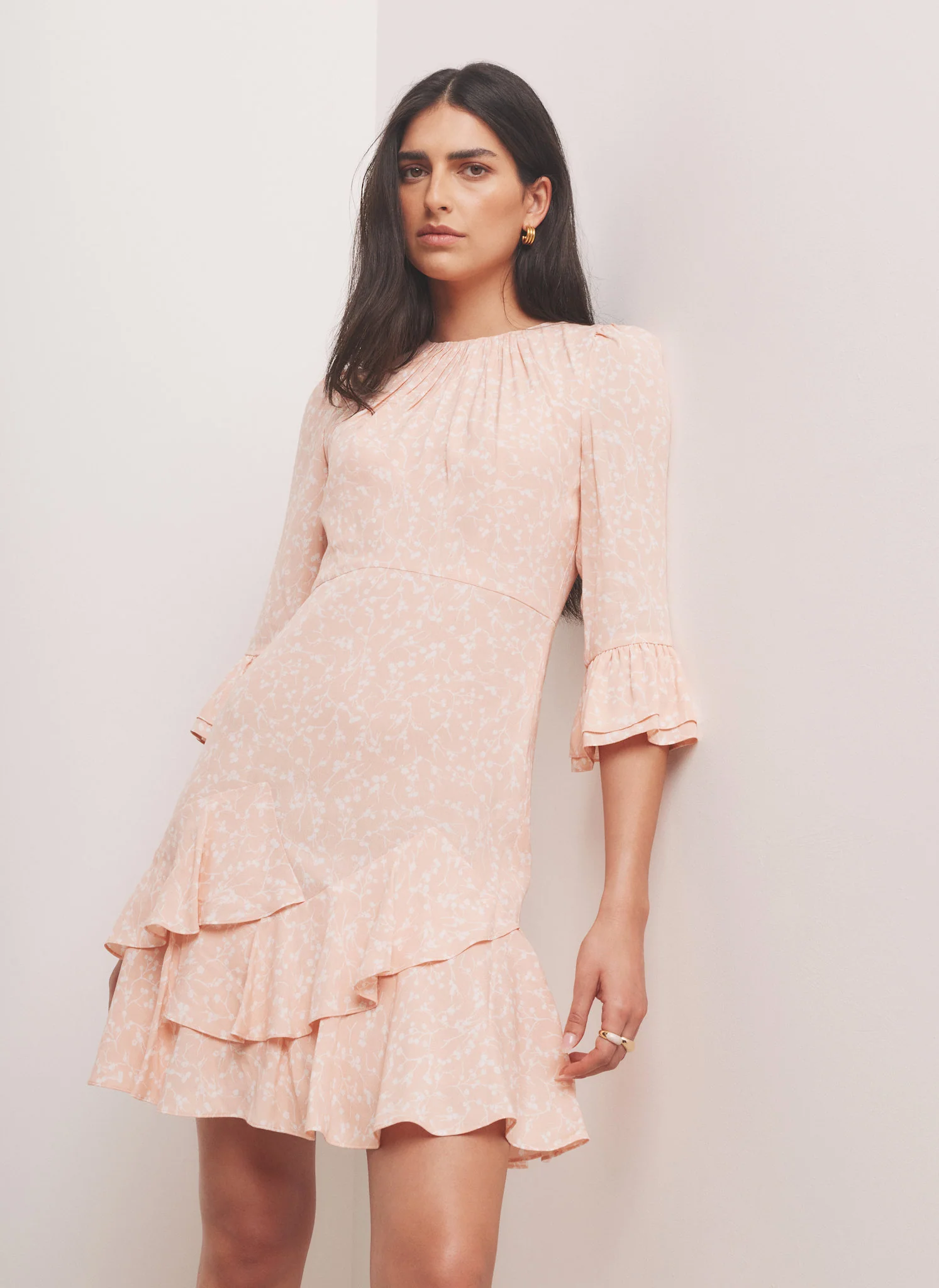 5078-pink-floral-print-ruffle-mini-dress-3.webp Pink Floral Print Ruffle Mini Dress