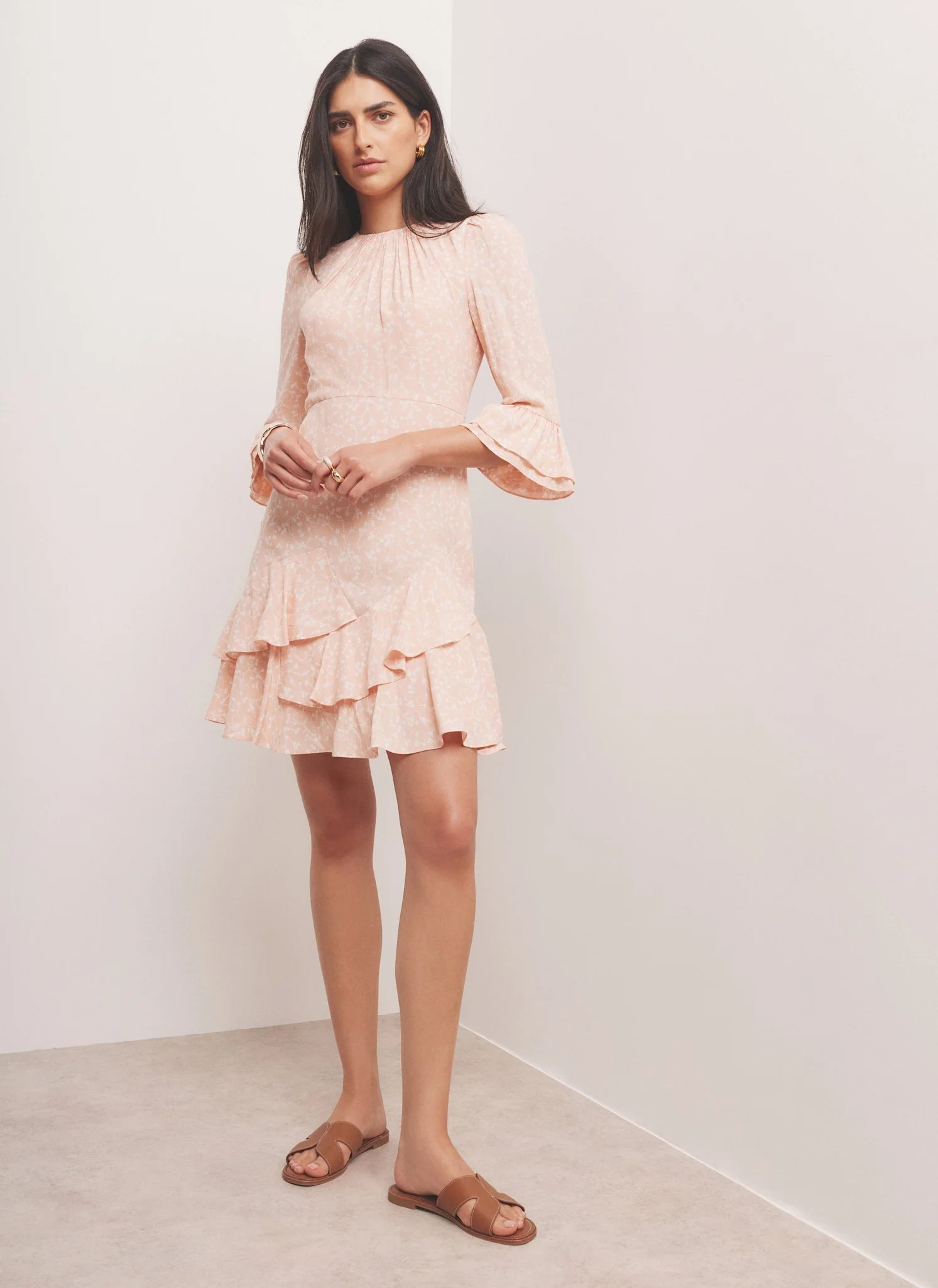 5078-pink-floral-print-ruffle-mini-dress-4.webp Pink Floral Print Ruffle Mini Dress