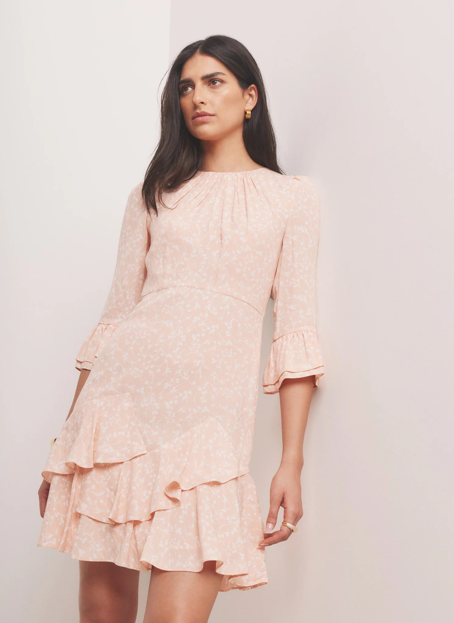 5078-pink-floral-print-ruffle-mini-dress-5.webp Pink Floral Print Ruffle Mini Dress
