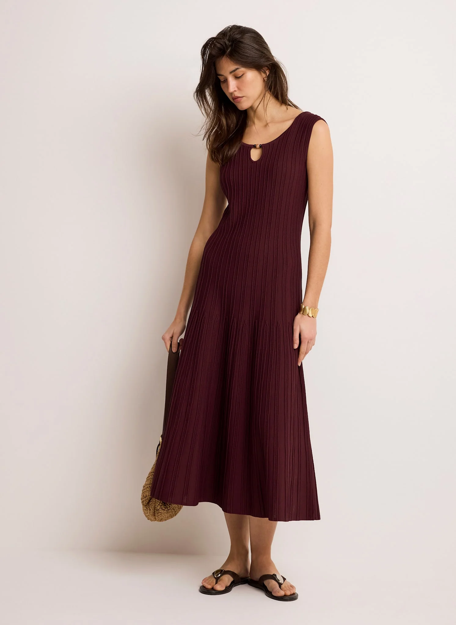 Burgundy Ribbed Beaded Midi Dress