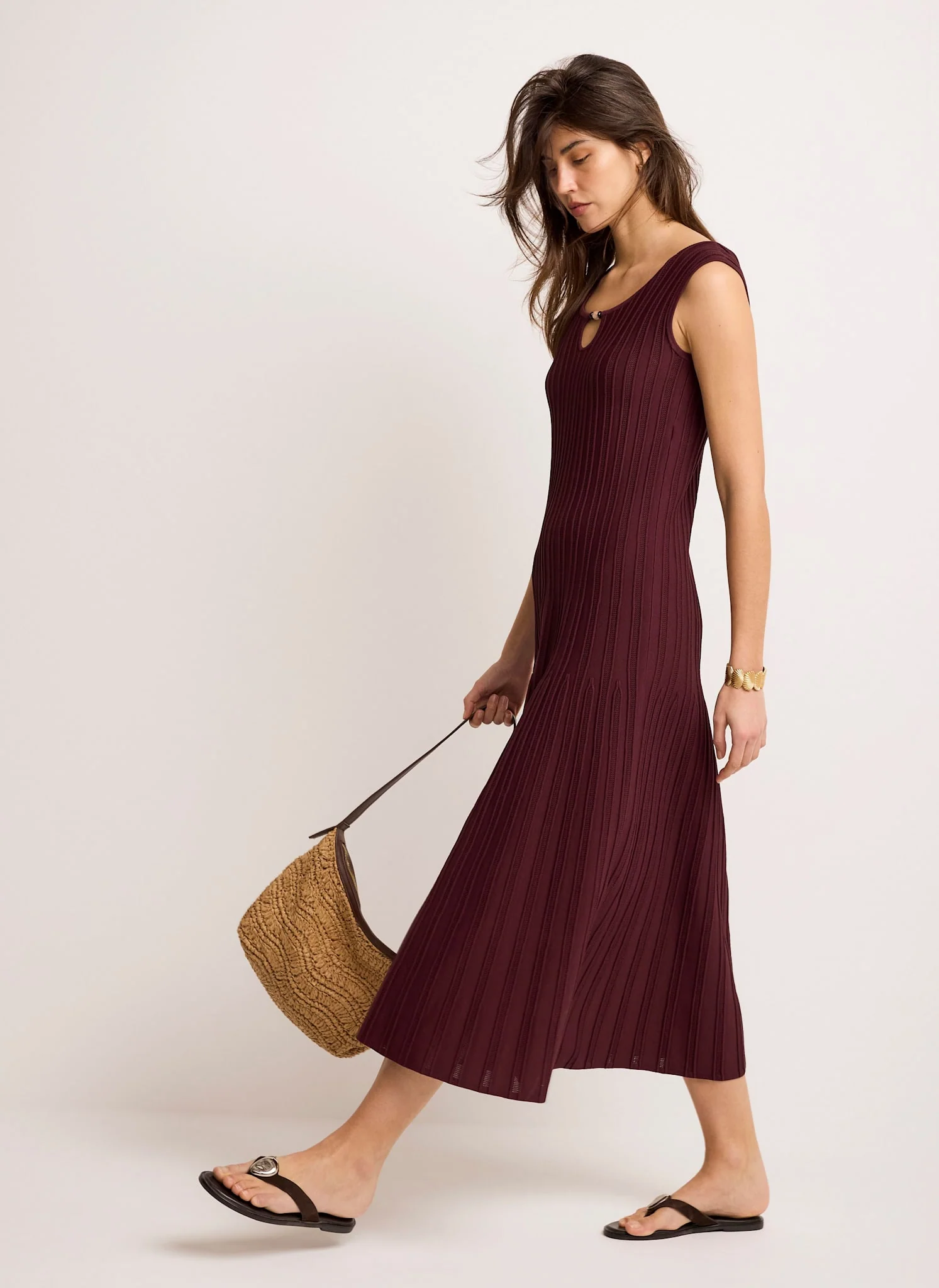 Burgundy Ribbed Beaded Midi Dress