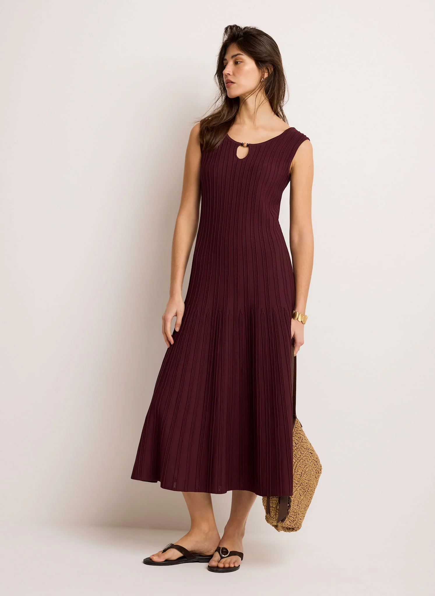 Burgundy Ribbed Beaded Midi Dress