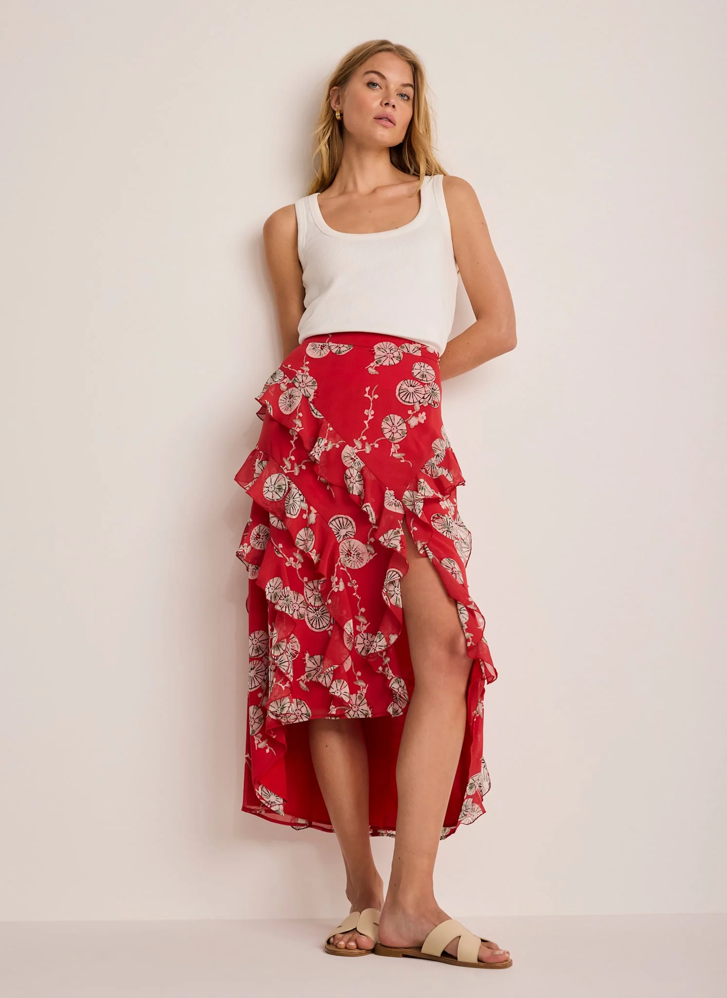 5150-red-printed-ruffle-maxi-skirt-1.webp Red Printed Ruffle Maxi Skirt