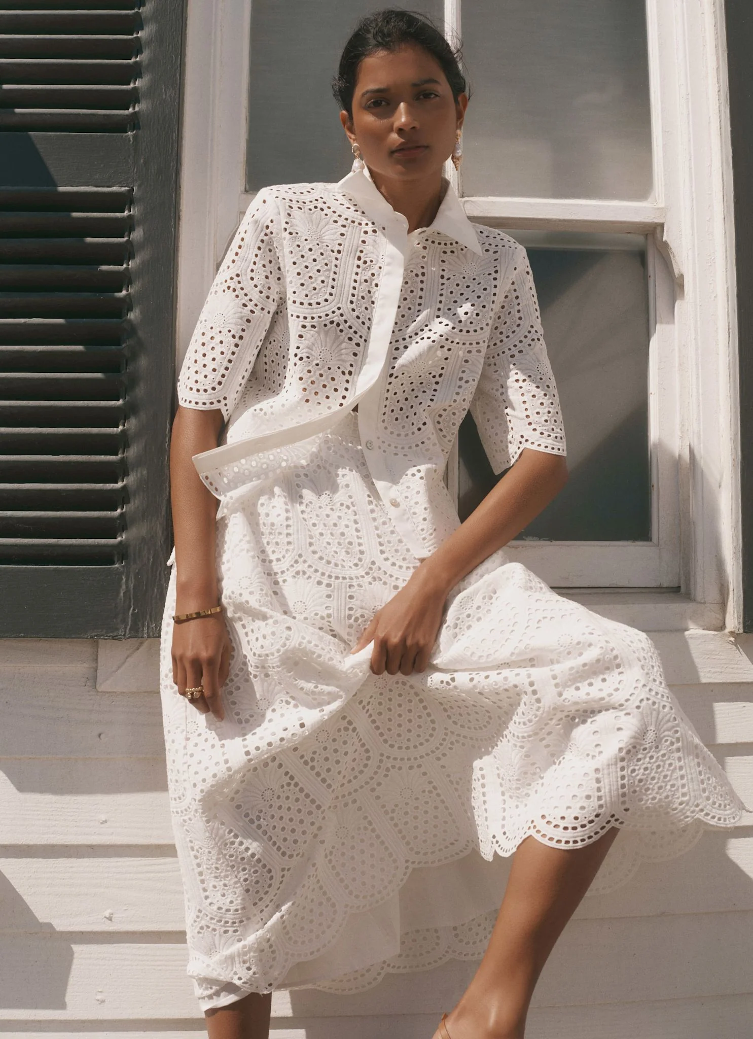 White Cotton Broderie Midi Skirt