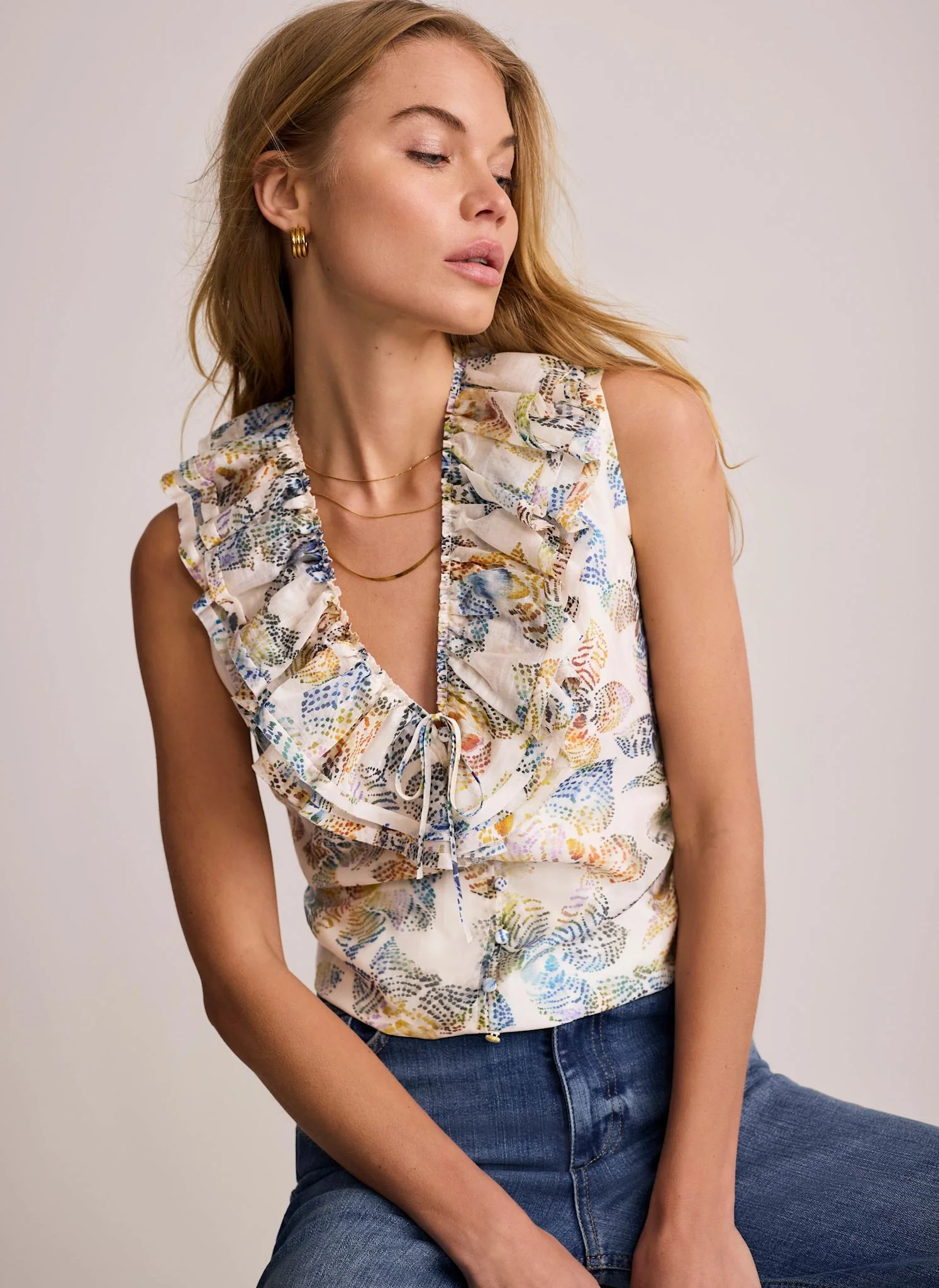 Cream Floral Print Ruffle Top
