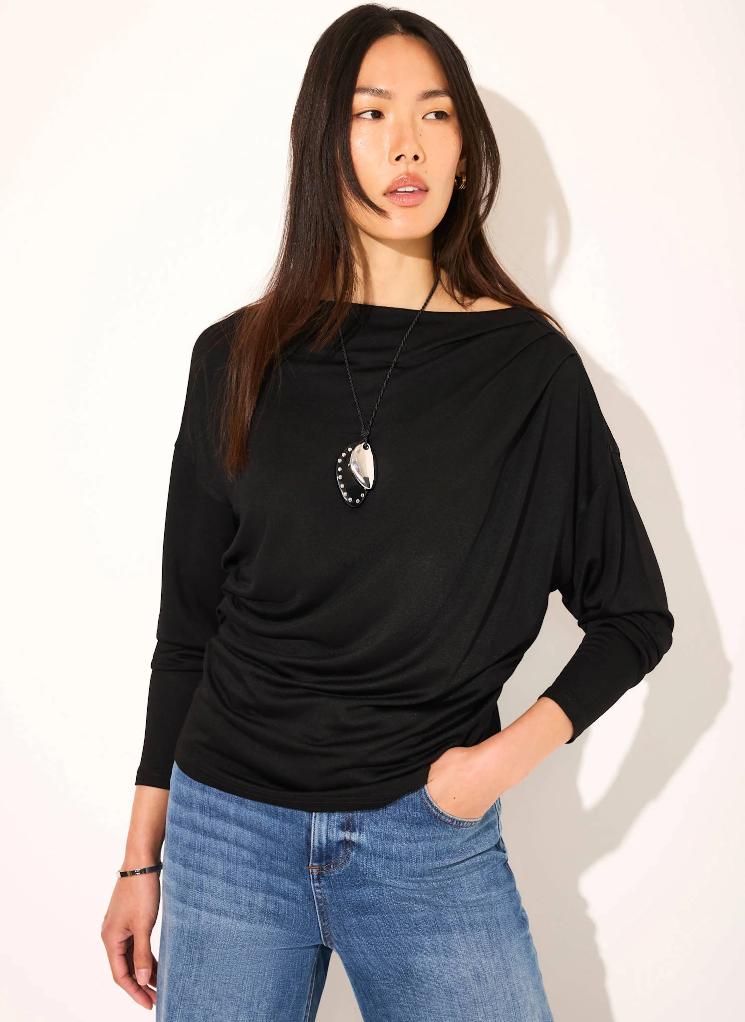 Black Ruched Detail Batwing Top