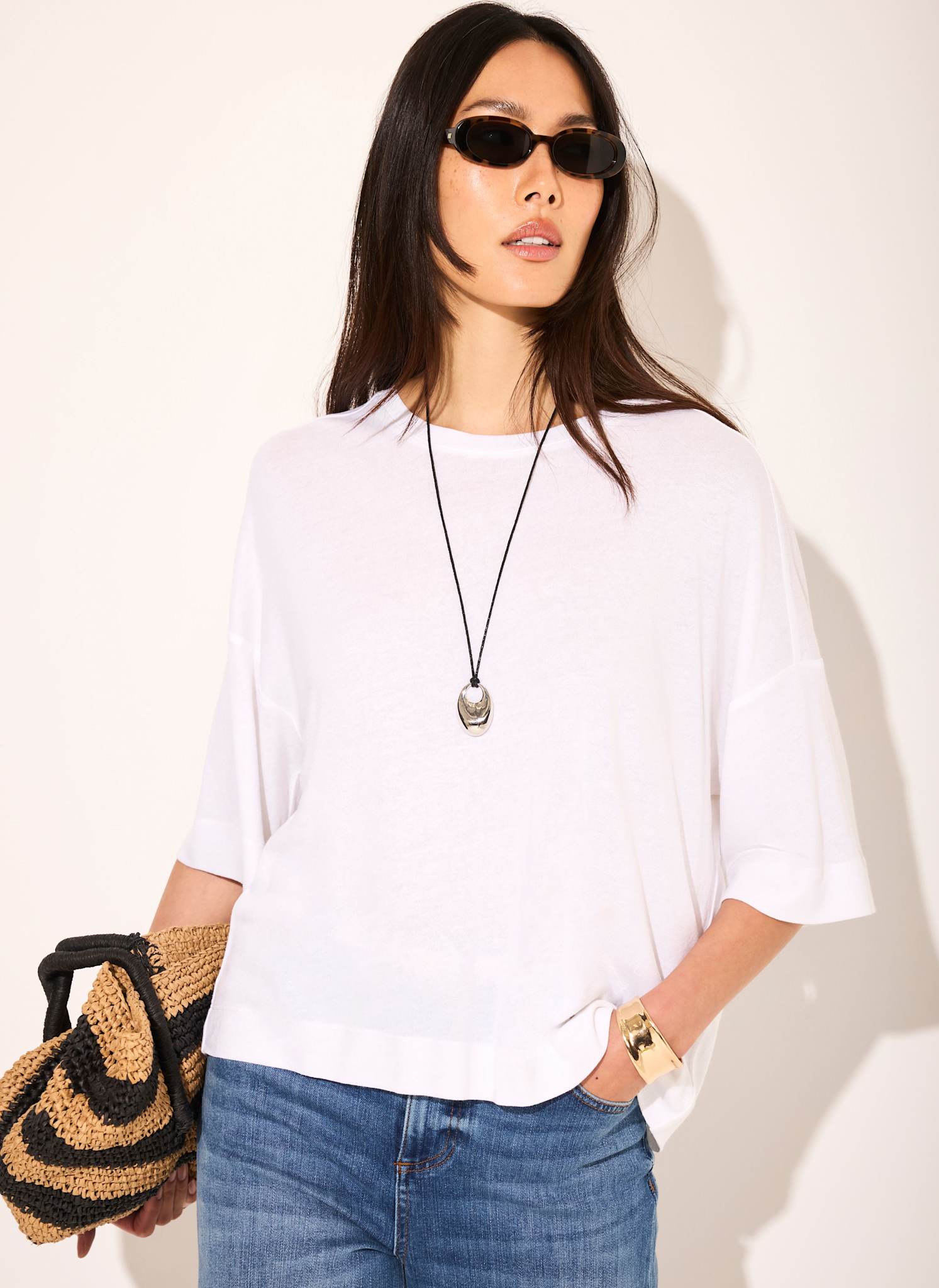 White Linen Blend Boxy T Shirt