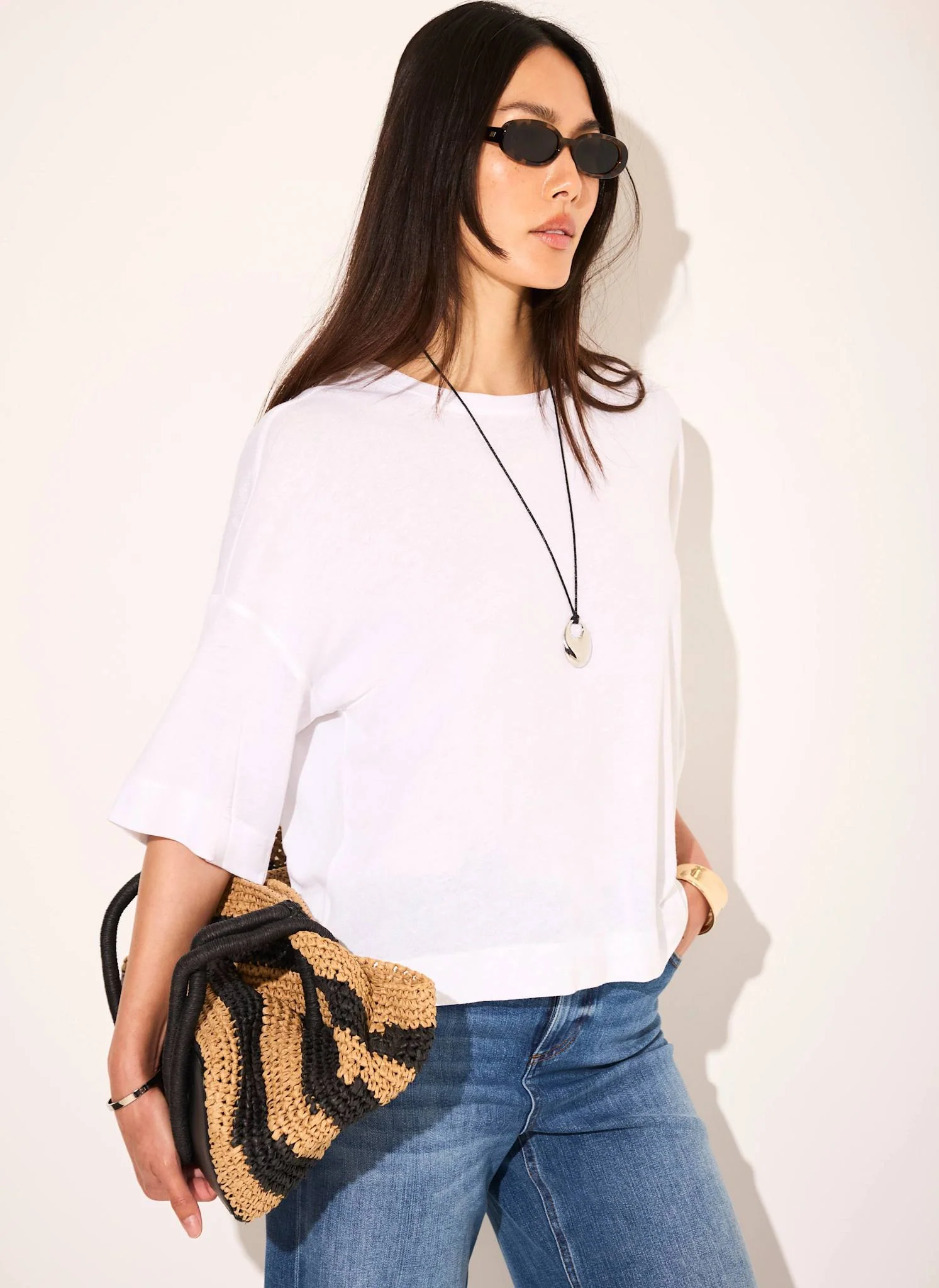 White Linen Blend Boxy T Shirt