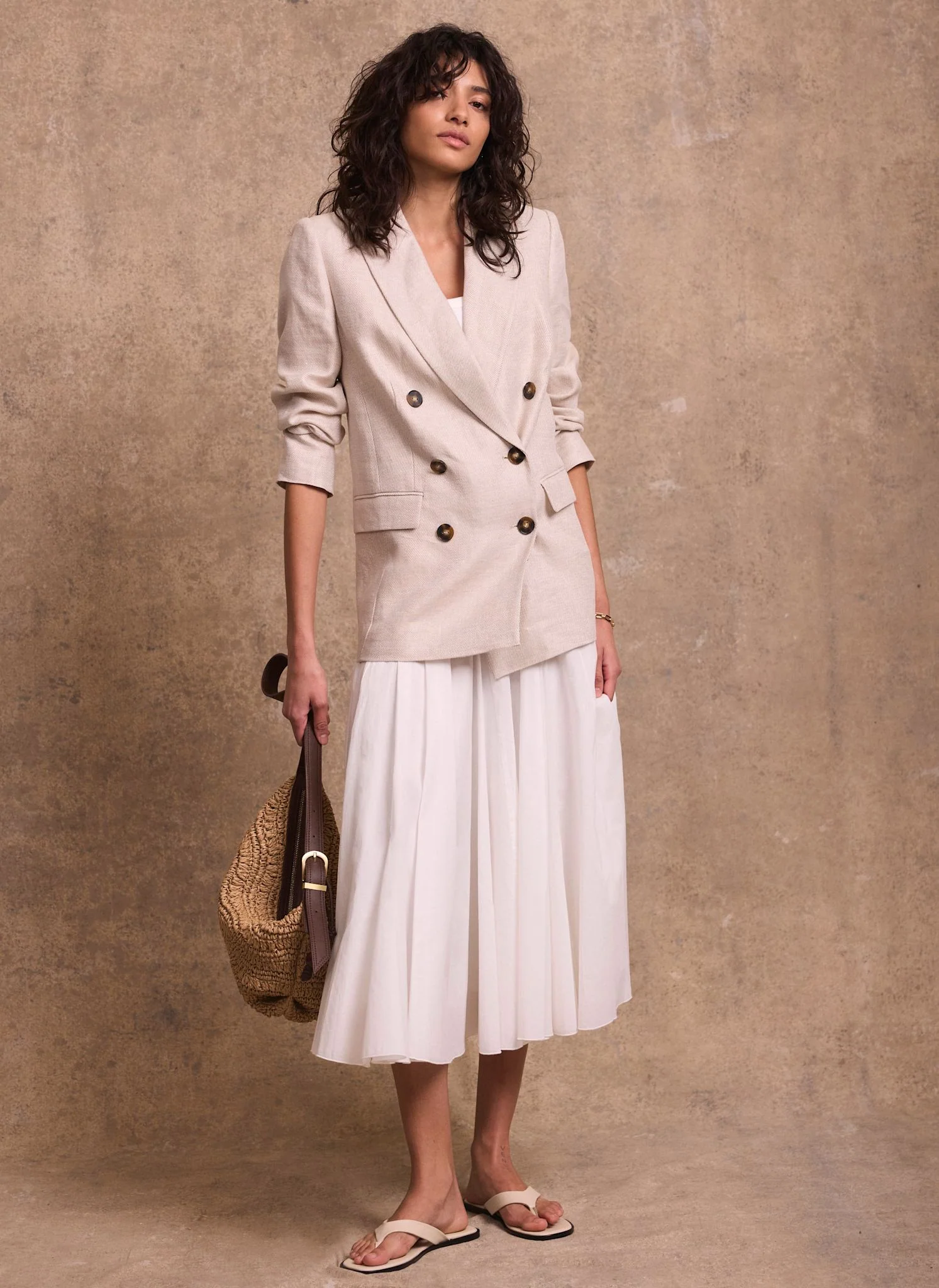 Neutral Linen Double Breasted Blazer