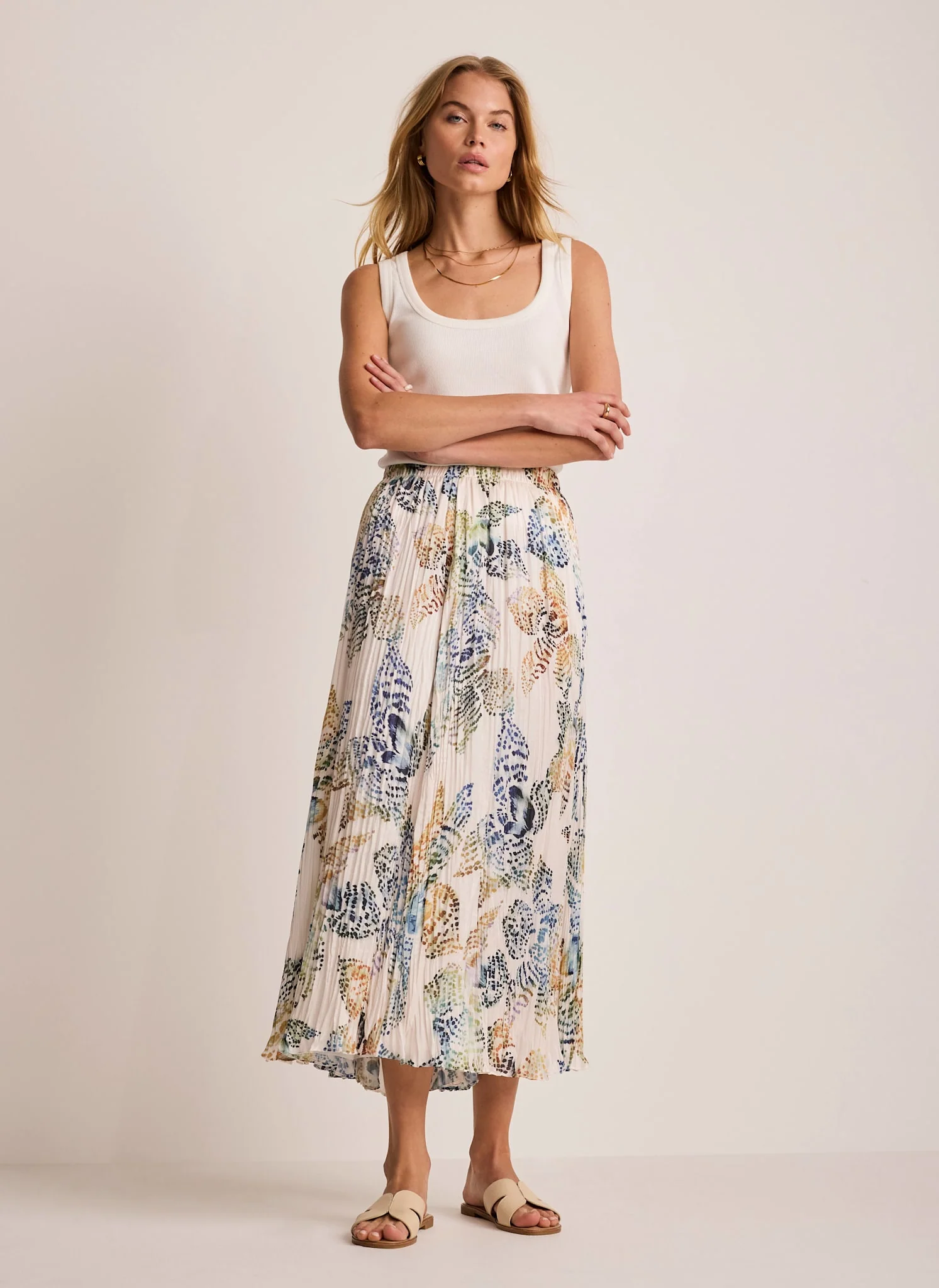 Cream Floral Print Crinkle Maxi Skirt