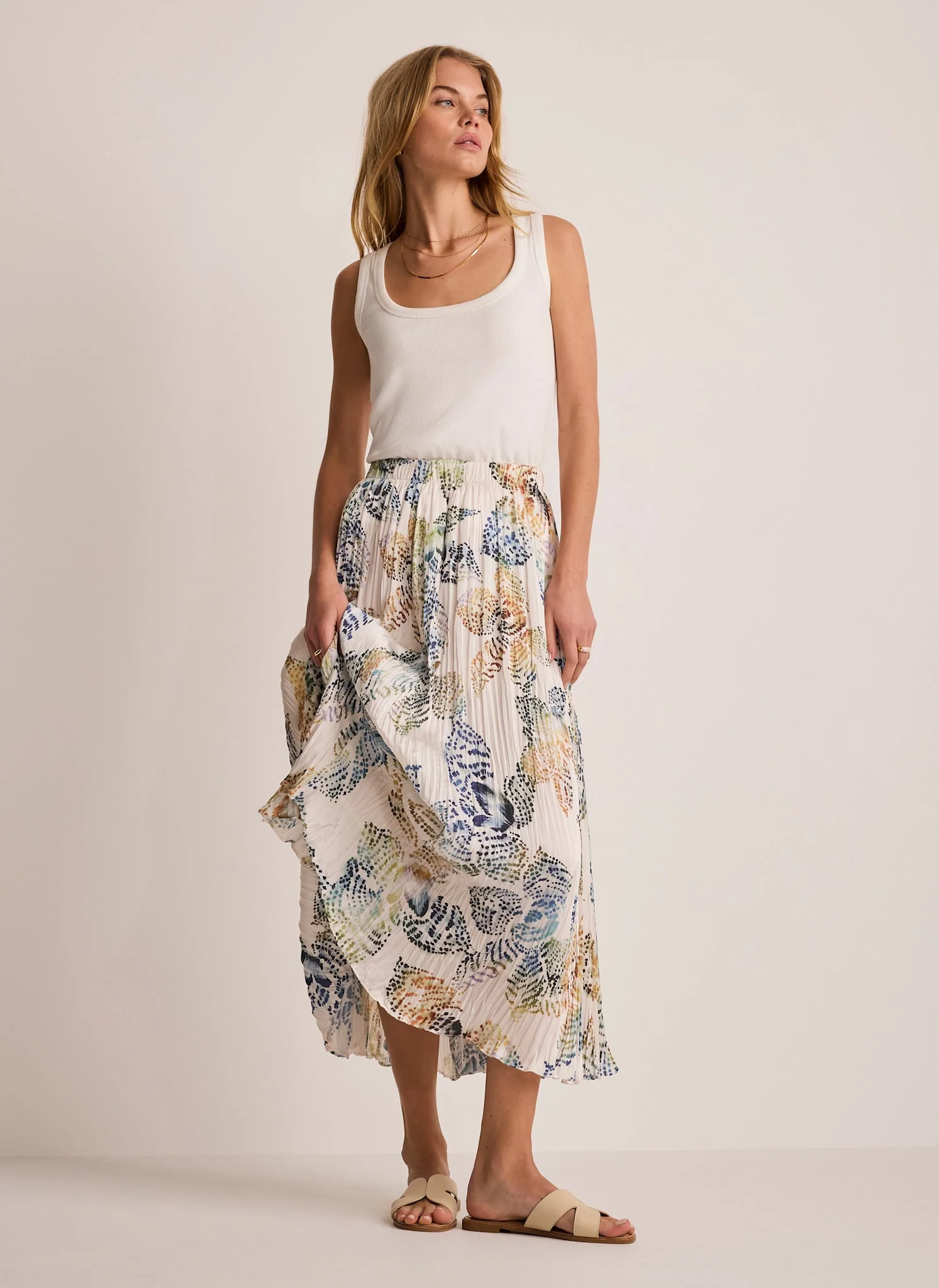 Cream Floral Print Crinkle Maxi Skirt