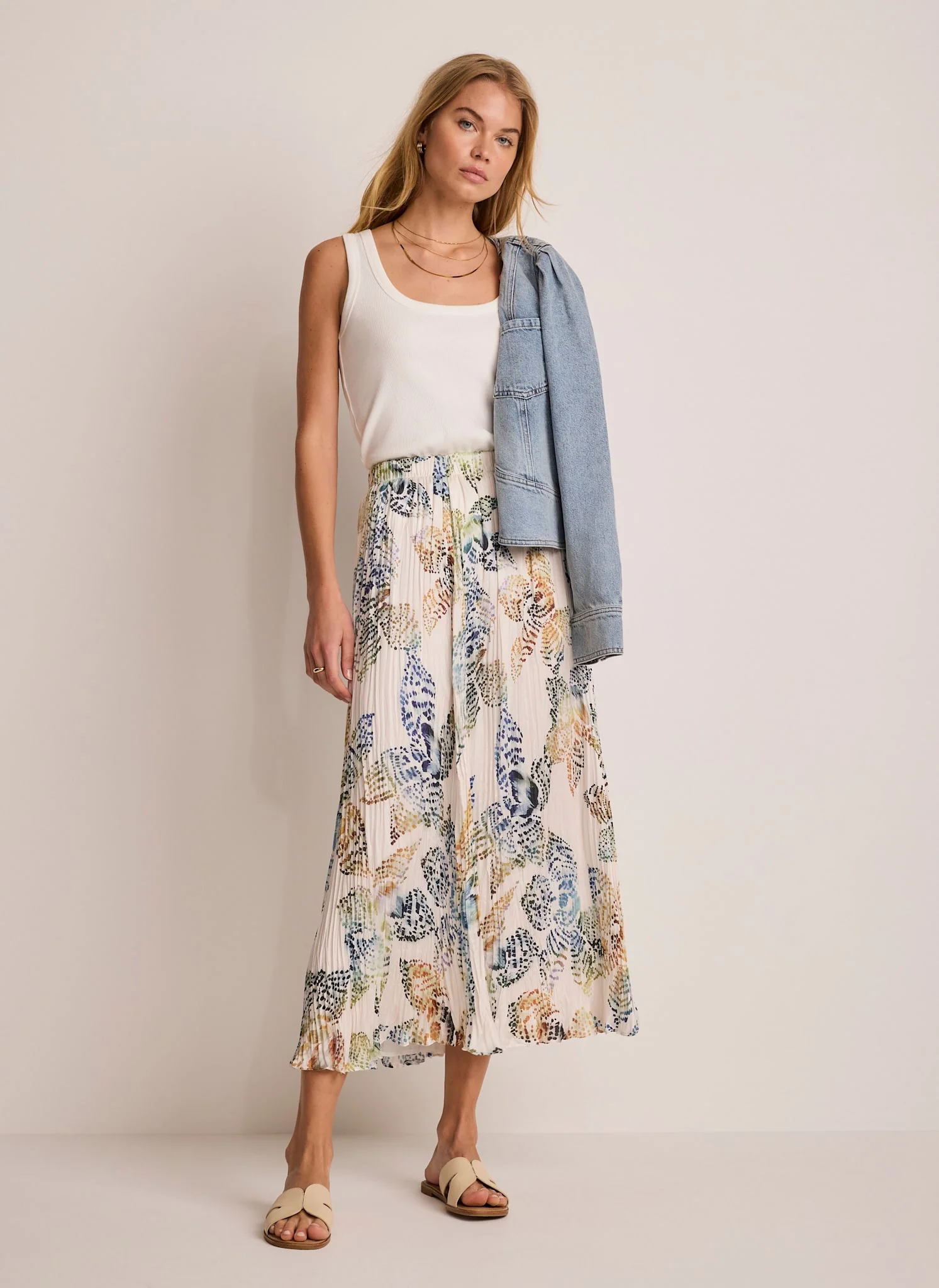 Cream Floral Print Crinkle Maxi Skirt