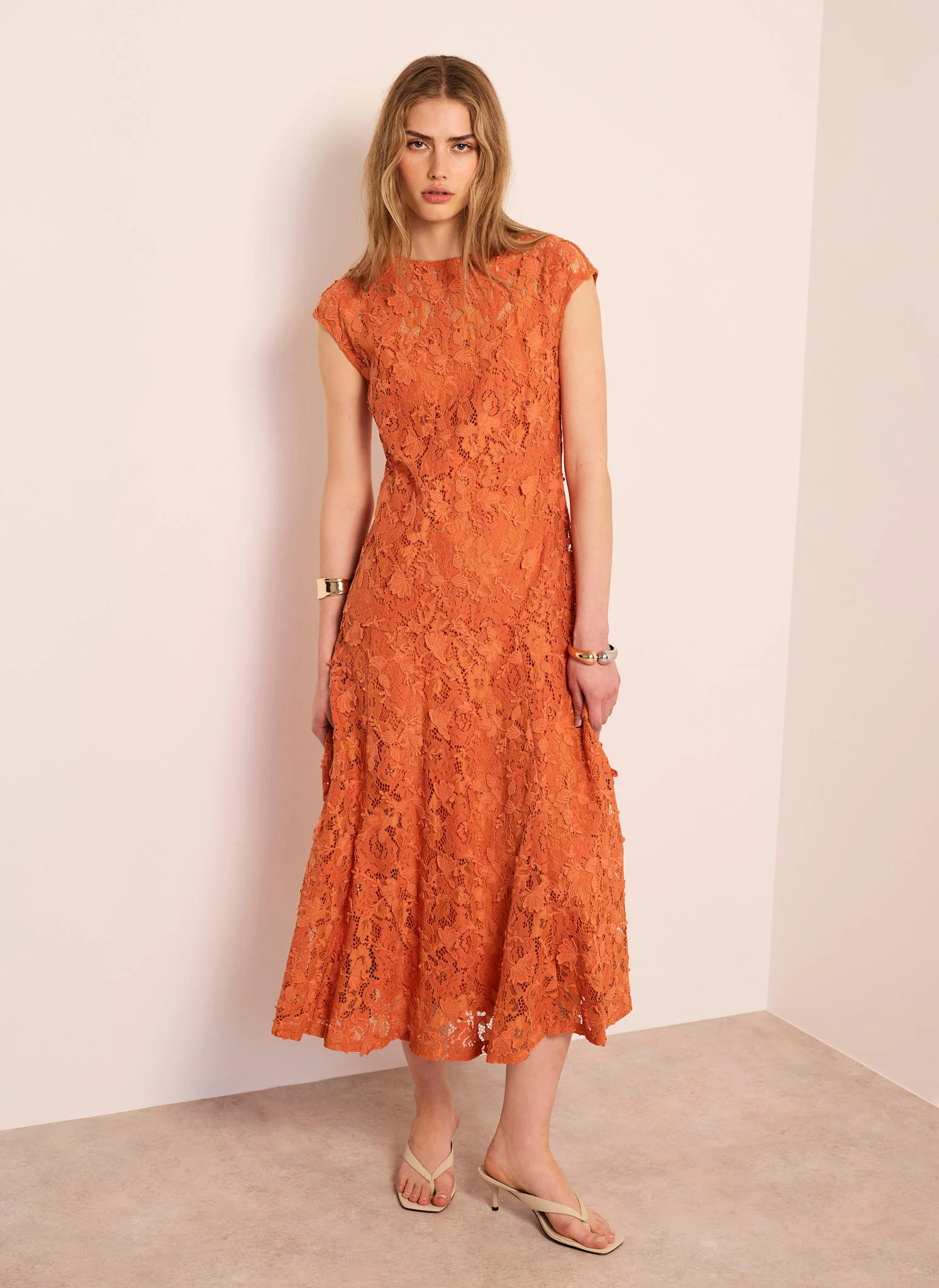 Orange Lace Midi Dress