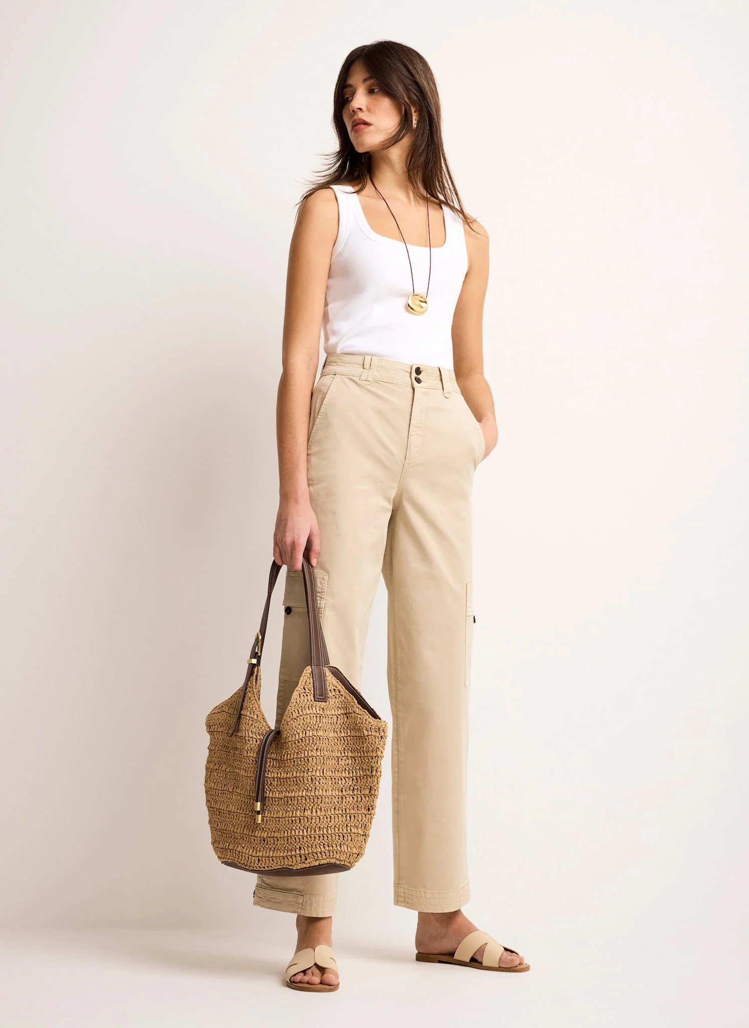 Neutral Straight Utility Chino Trousers