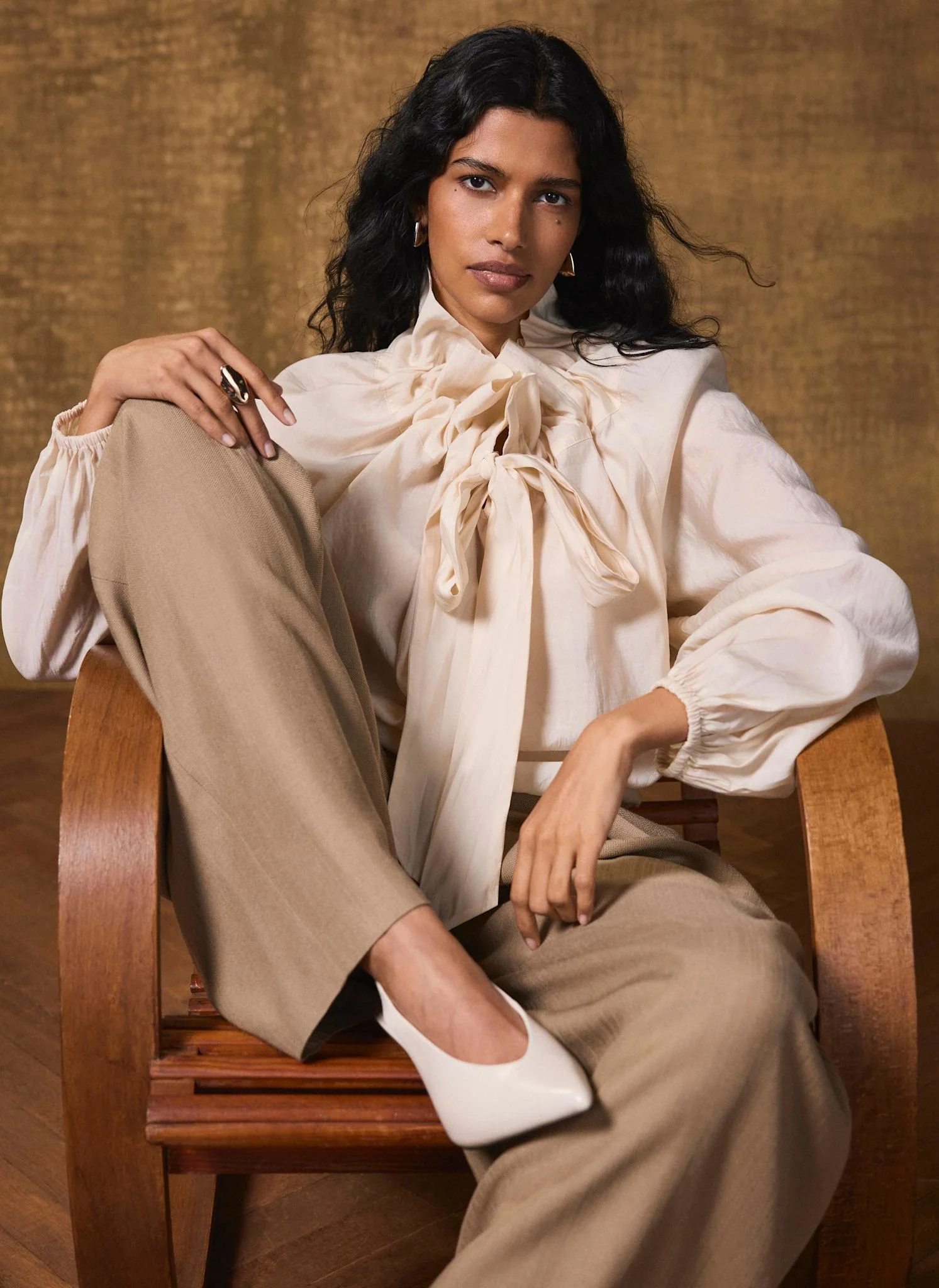 5368-cream-blouson-tie-neck-blouse-1.webp Cream Blouson Tie Neck Blouse