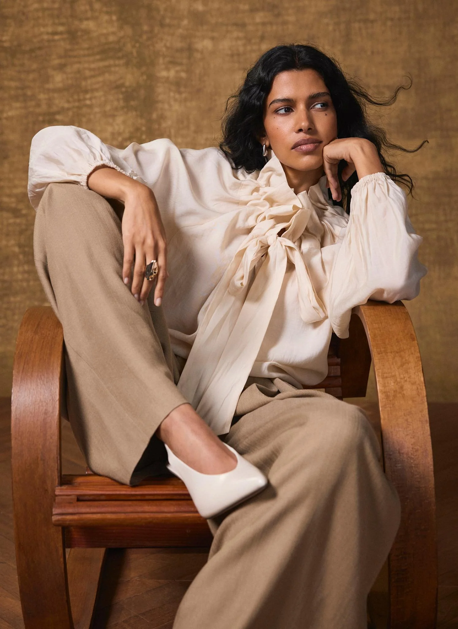 5368-cream-blouson-tie-neck-blouse-2.webp Cream Blouson Tie Neck Blouse