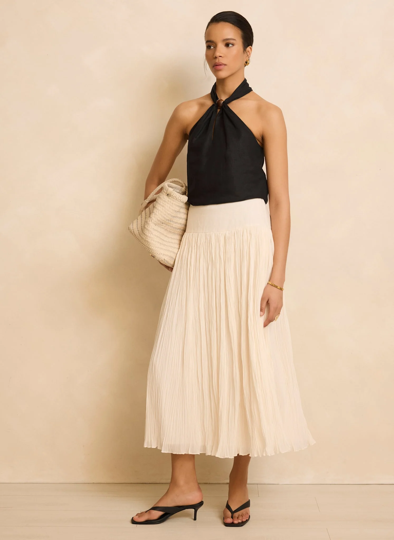 Cream Drop Waist Crinkle Midi Skirt