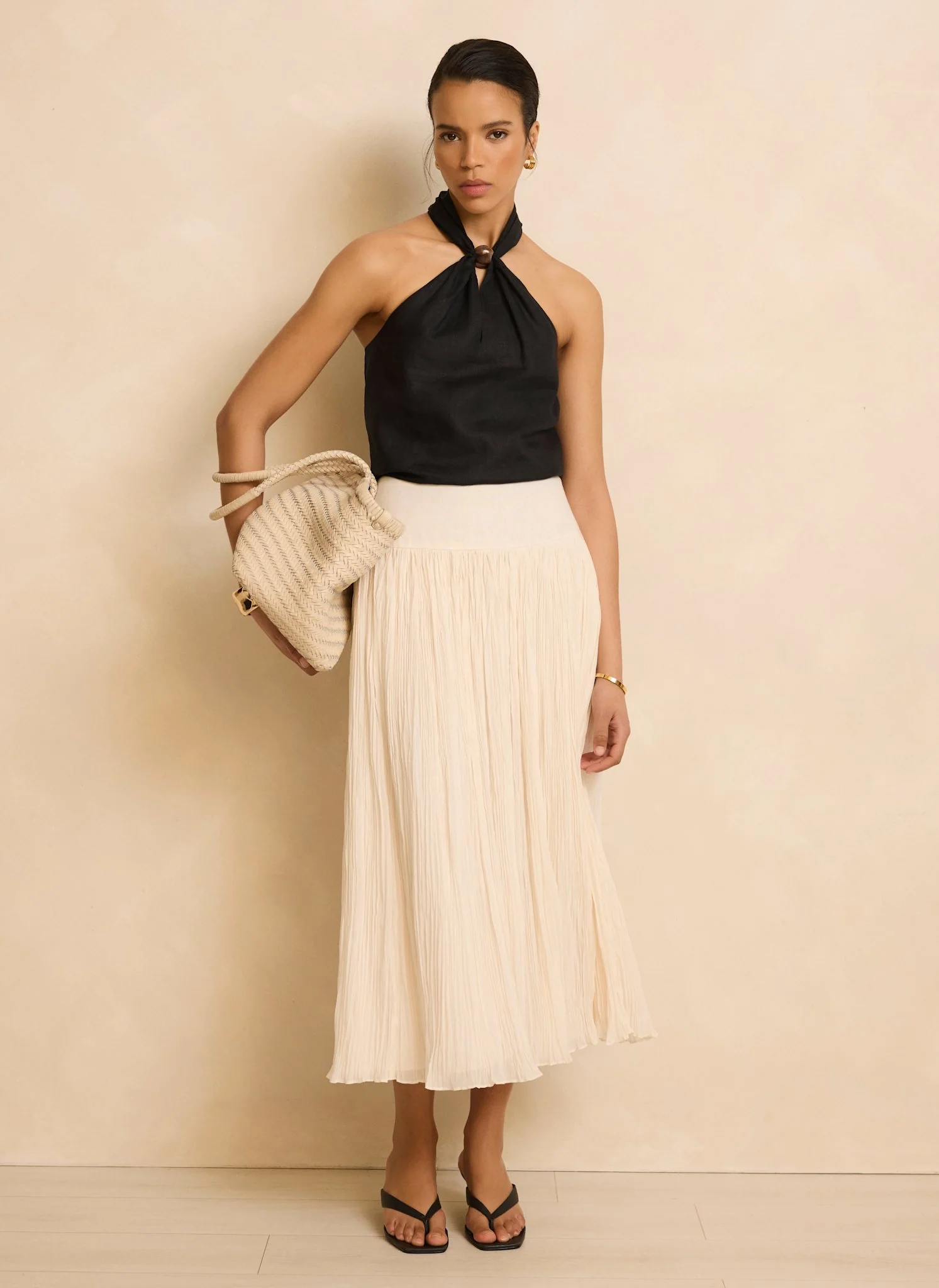 Cream Drop Waist Crinkle Midi Skirt