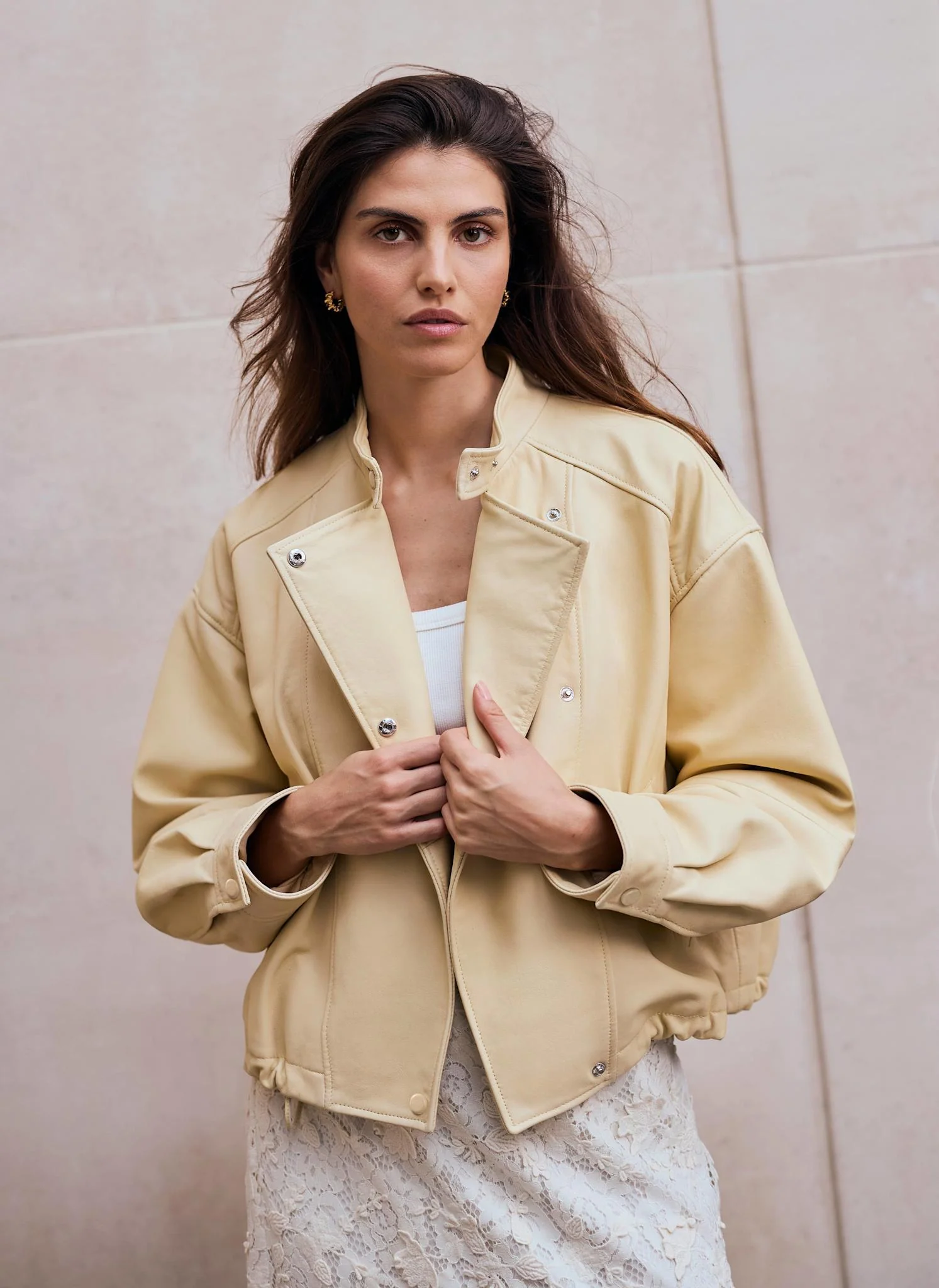 Butter Yellow Leather Cropped Pilot Bomber Jacket