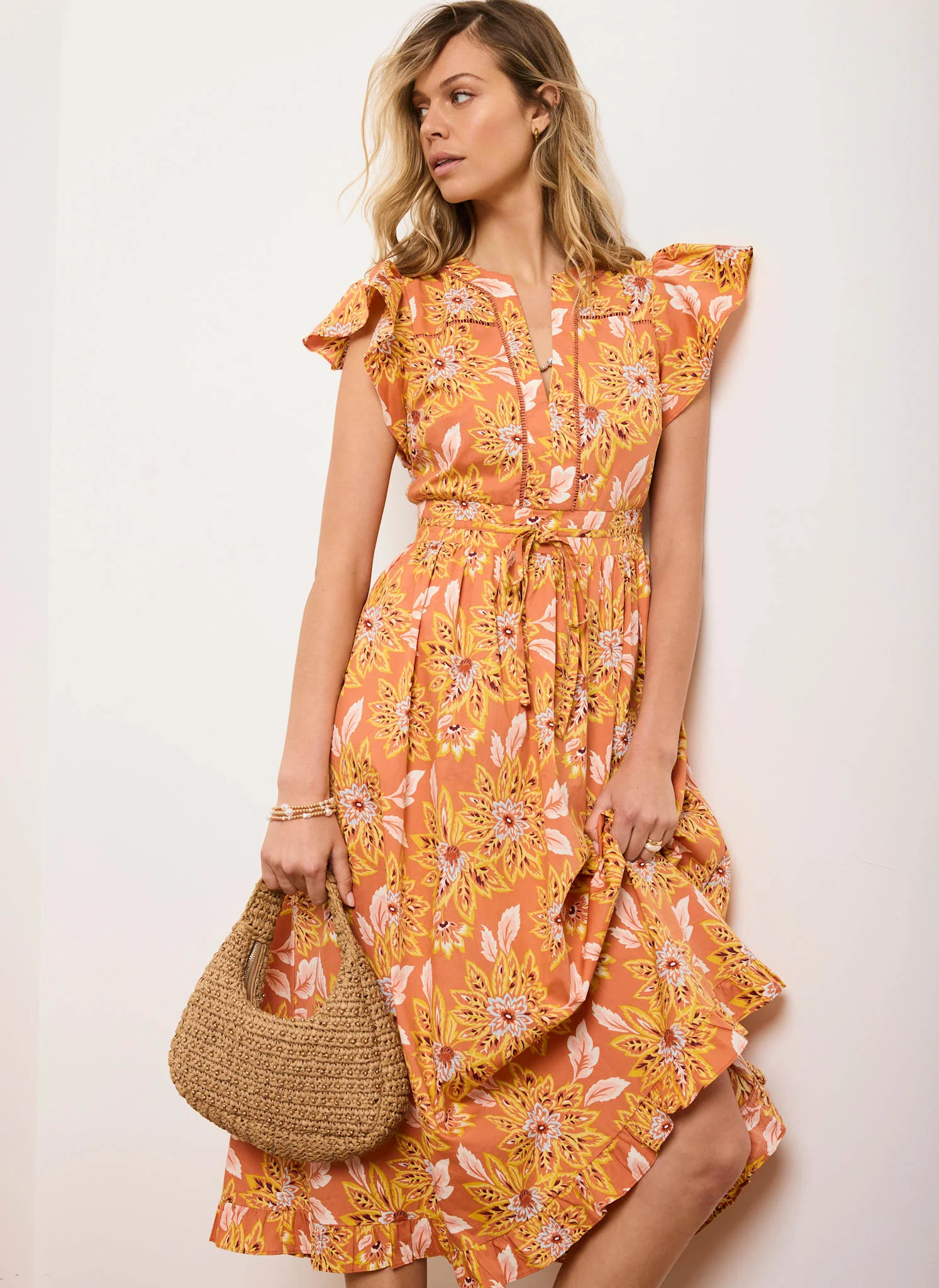 5496-orange-floral-print-cotton-midi-dress-1.webp Orange Floral Print Cotton Midi Dress