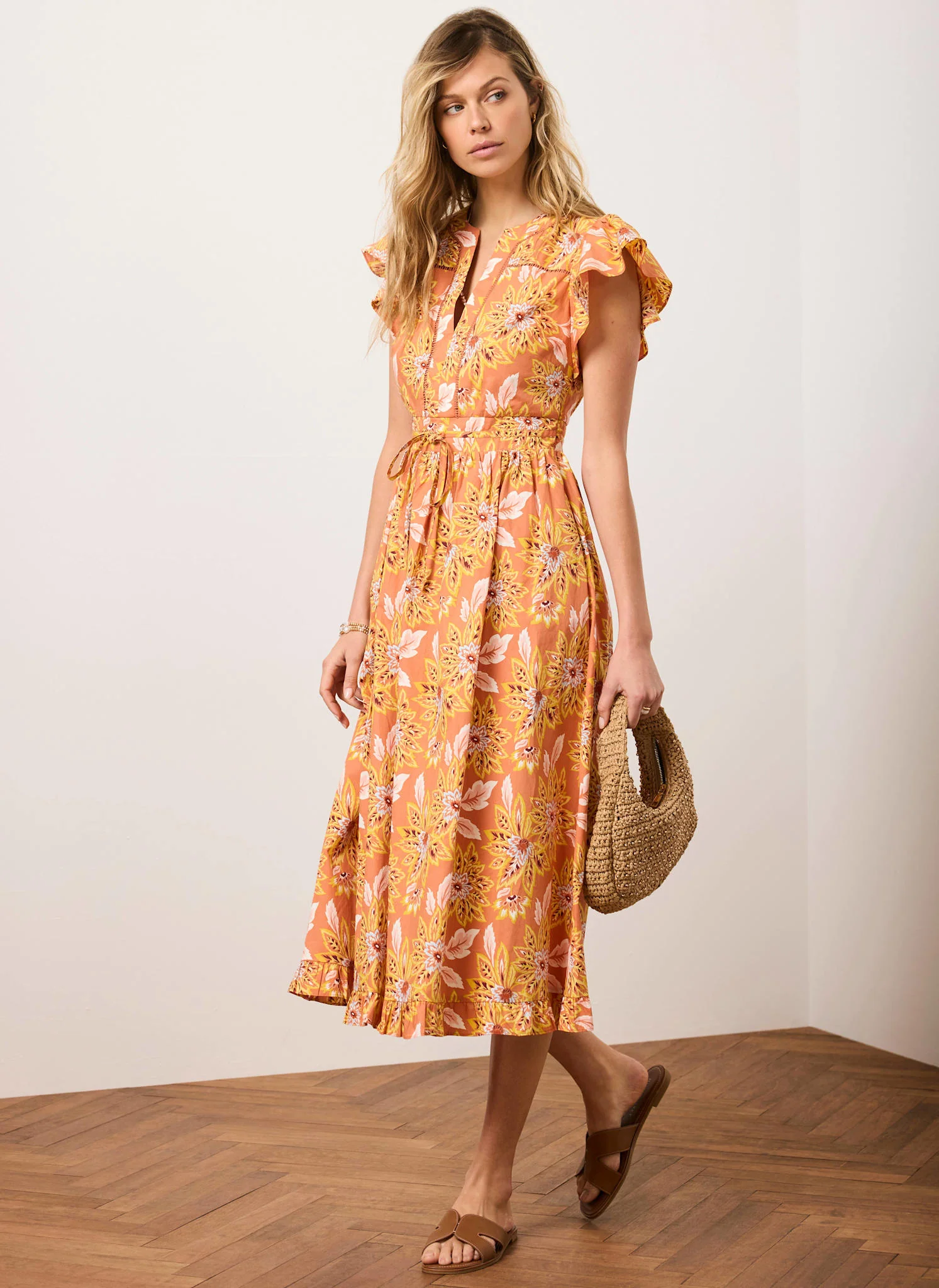 5496-orange-floral-print-cotton-midi-dress-2.webp Orange Floral Print Cotton Midi Dress
