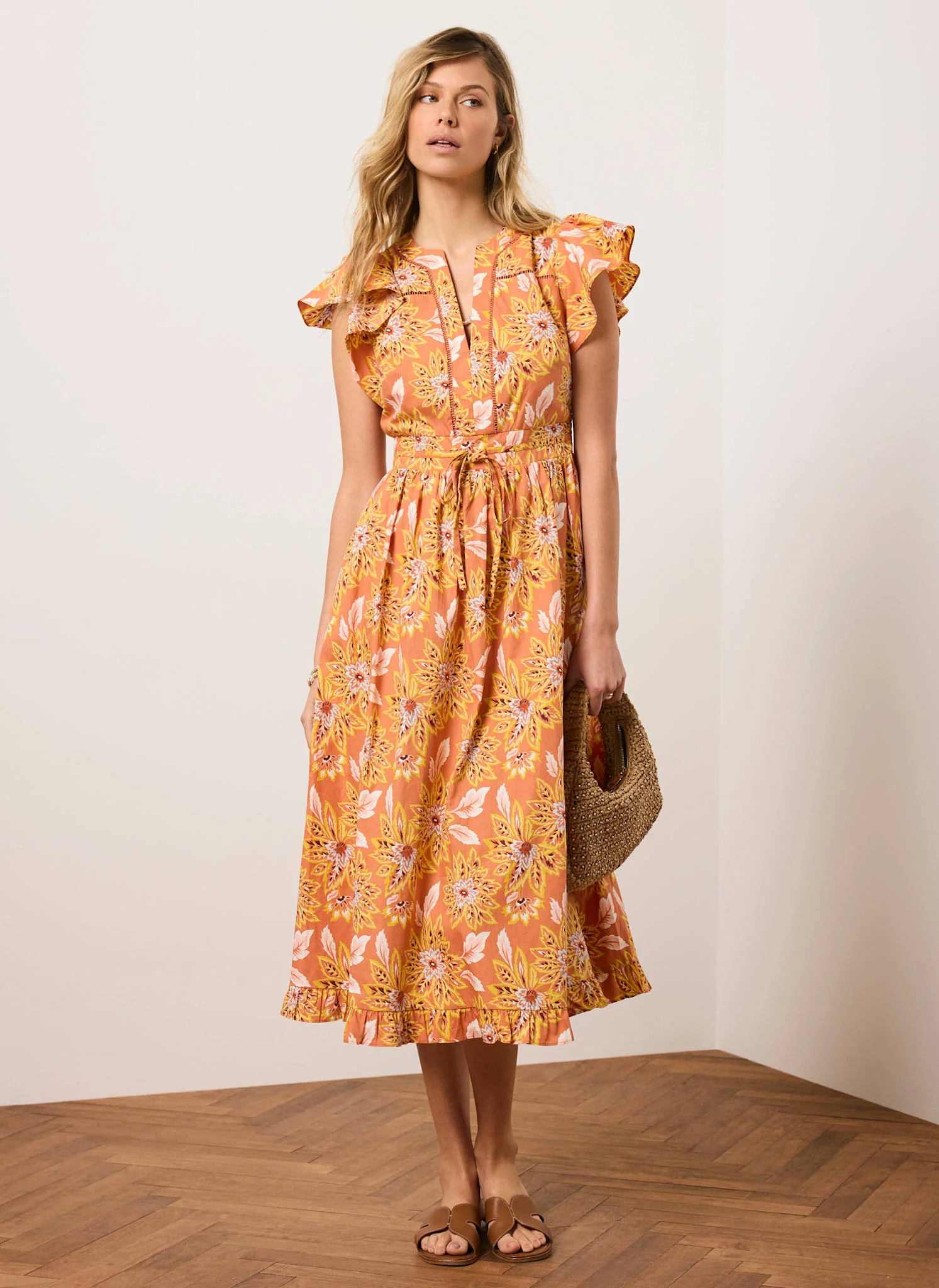 5496-orange-floral-print-cotton-midi-dress-4.webp Orange Floral Print Cotton Midi Dress