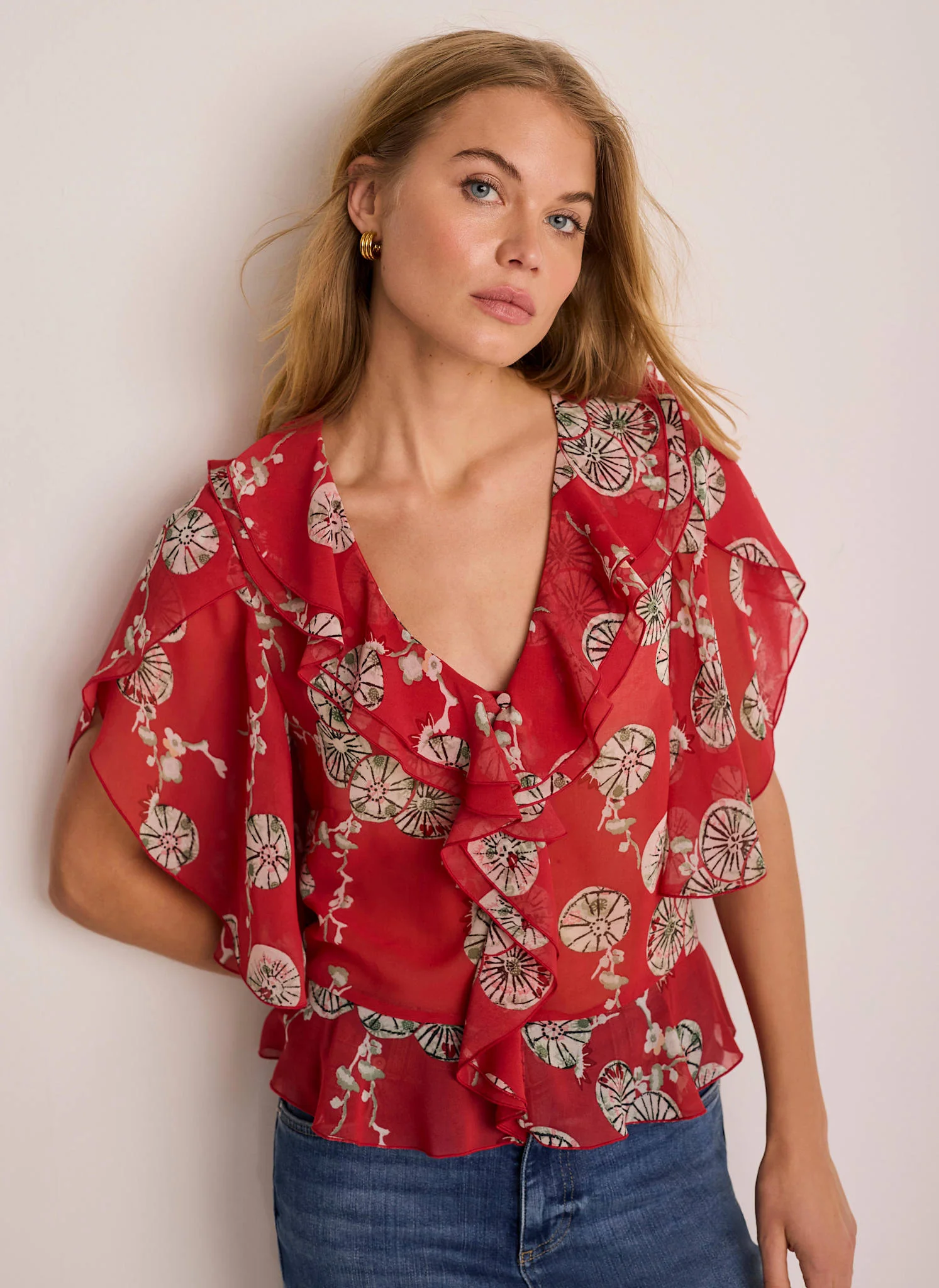 Red Printed Ruffle Blouse