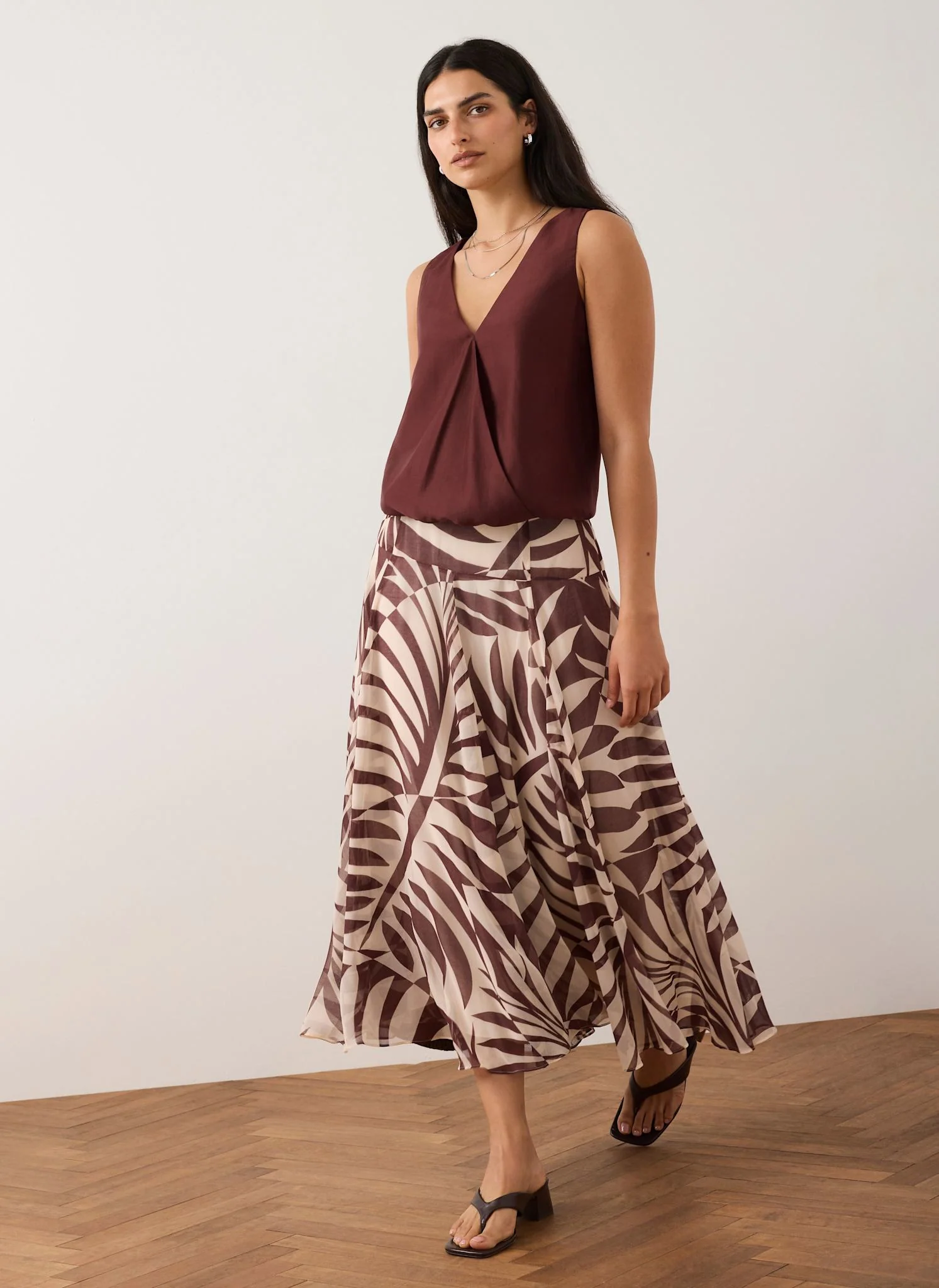Burgundy Palm Print Maxi Skirt