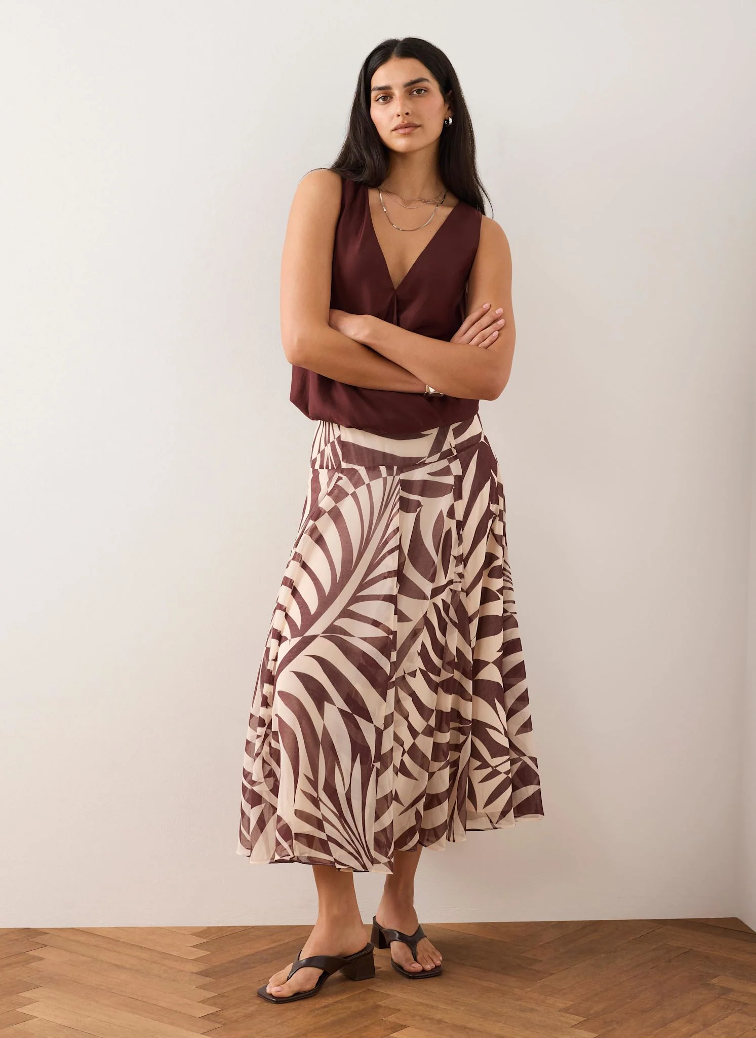 Burgundy Palm Print Maxi Skirt