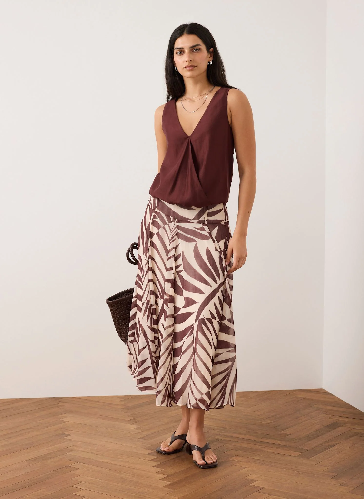 Burgundy Palm Print Maxi Skirt