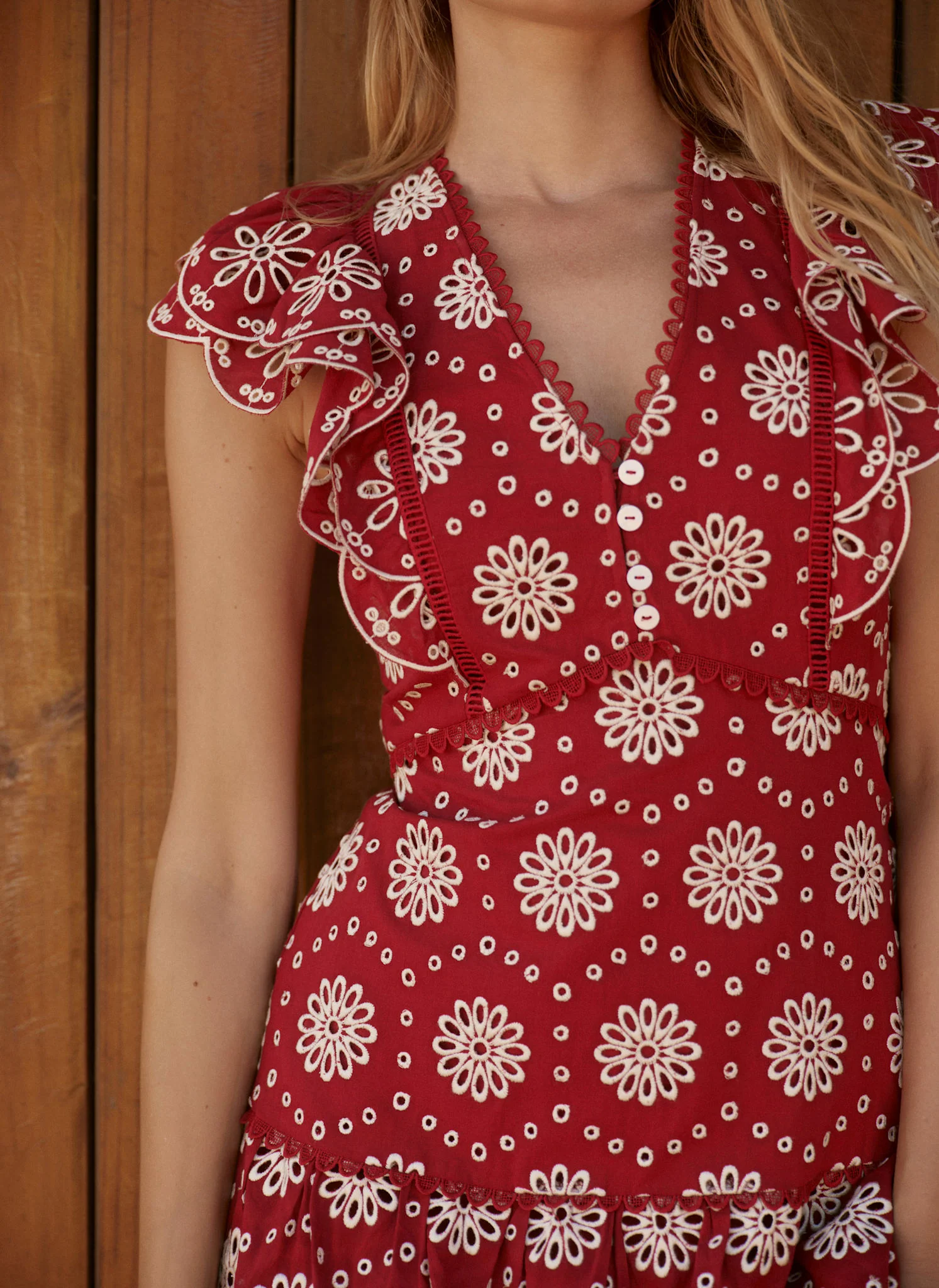 Red Cotton Broderie Midi Dress