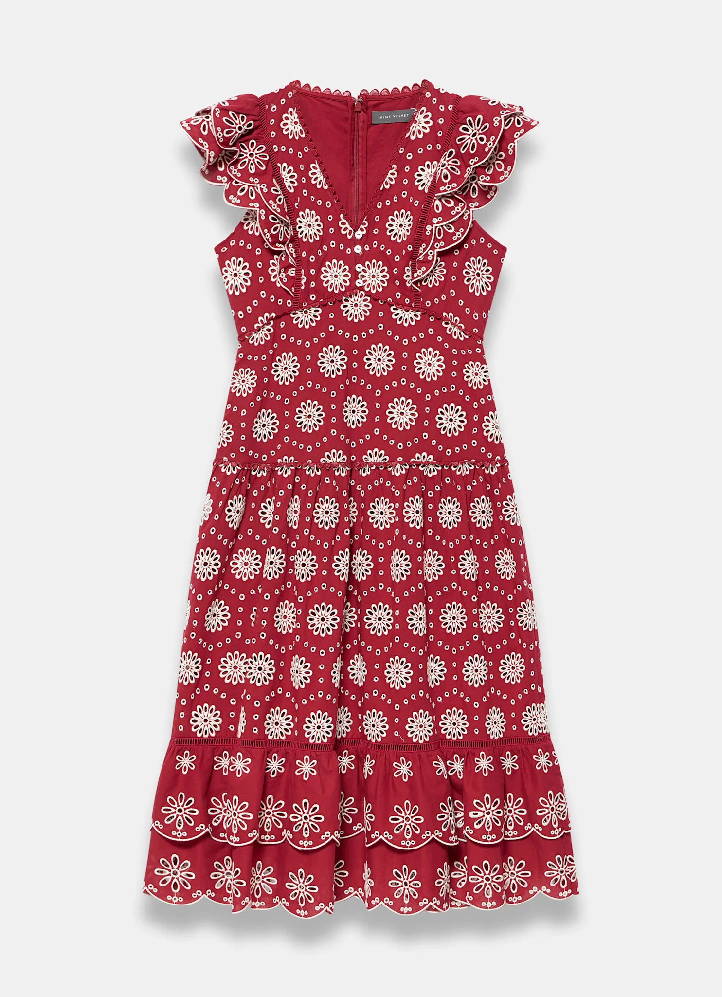 Red Cotton Broderie Midi Dress