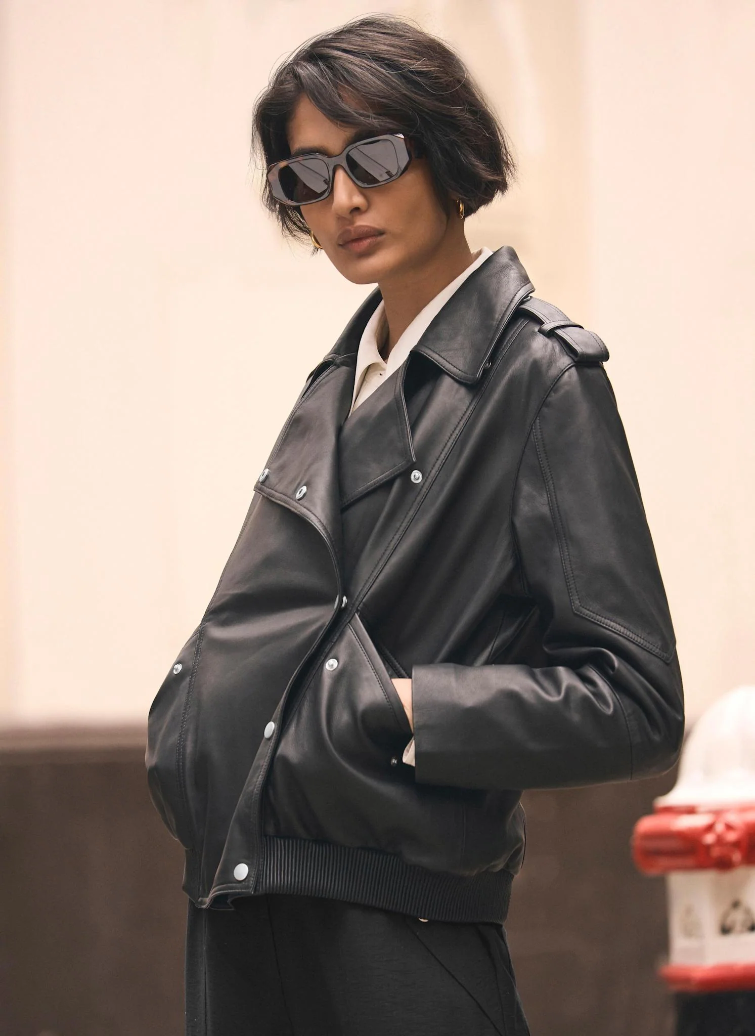 Black Leather Relaxed Biker Jacket