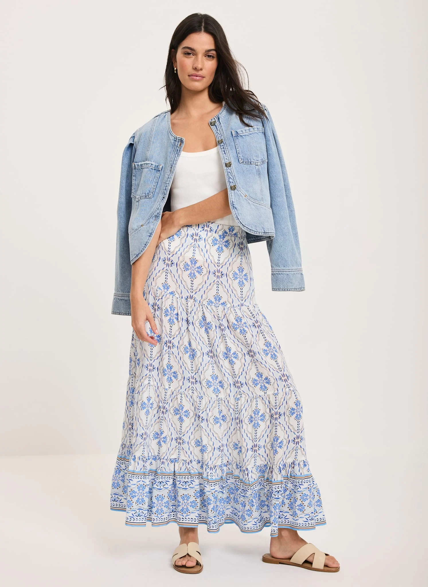Blue Floral Print Maxi Skirt