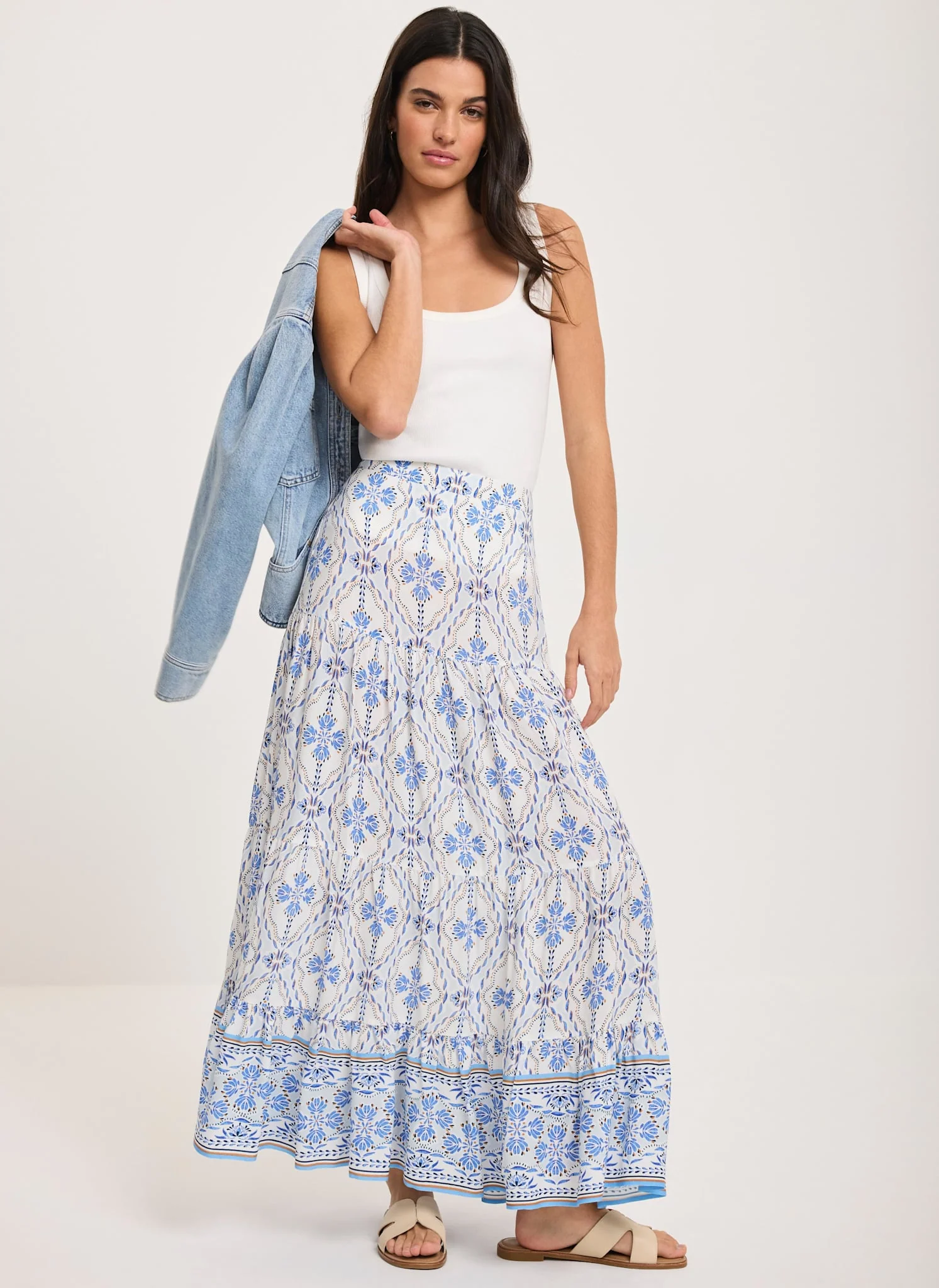 Blue Floral Print Maxi Skirt