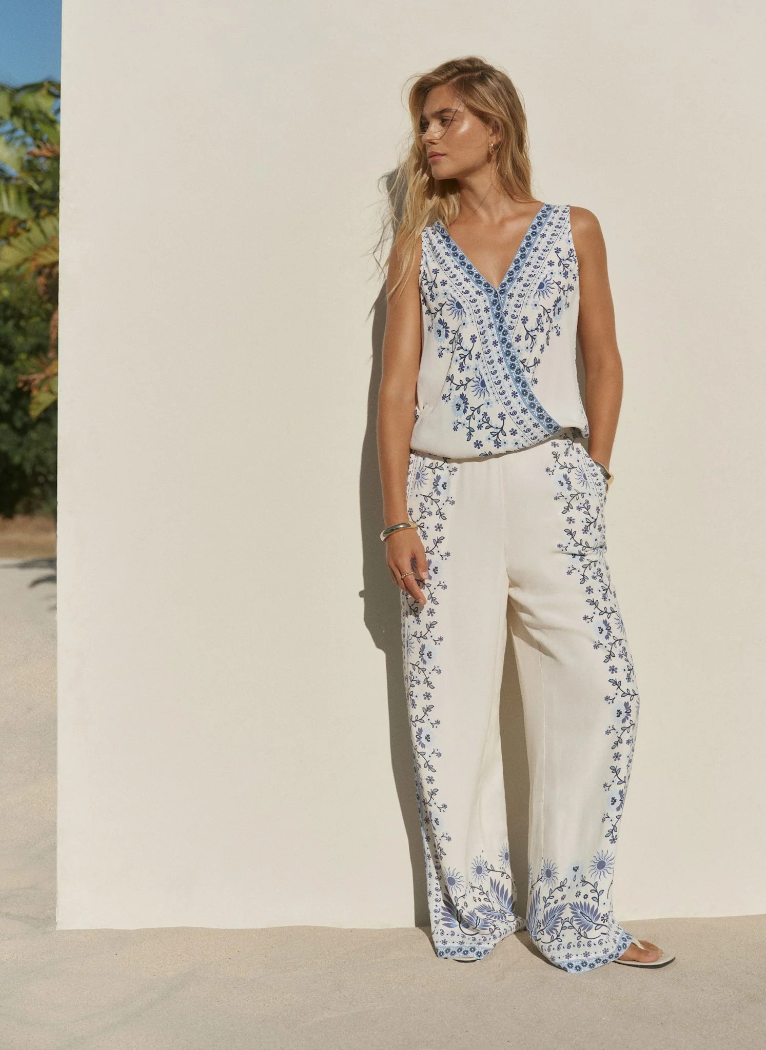 Blue Floral Print Wide Leg Trousers