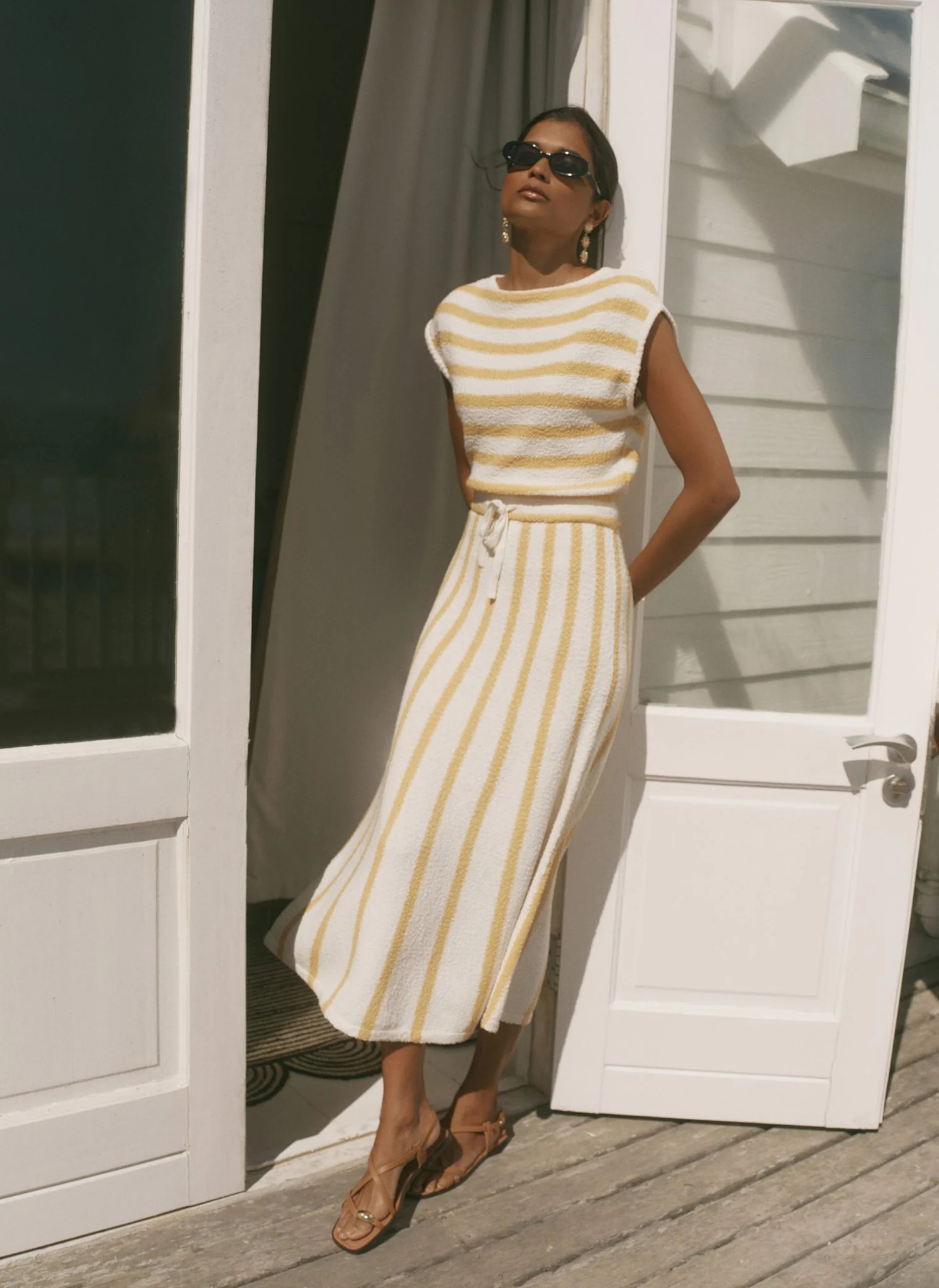 Yellow Cotton Blend Striped Midi Dress