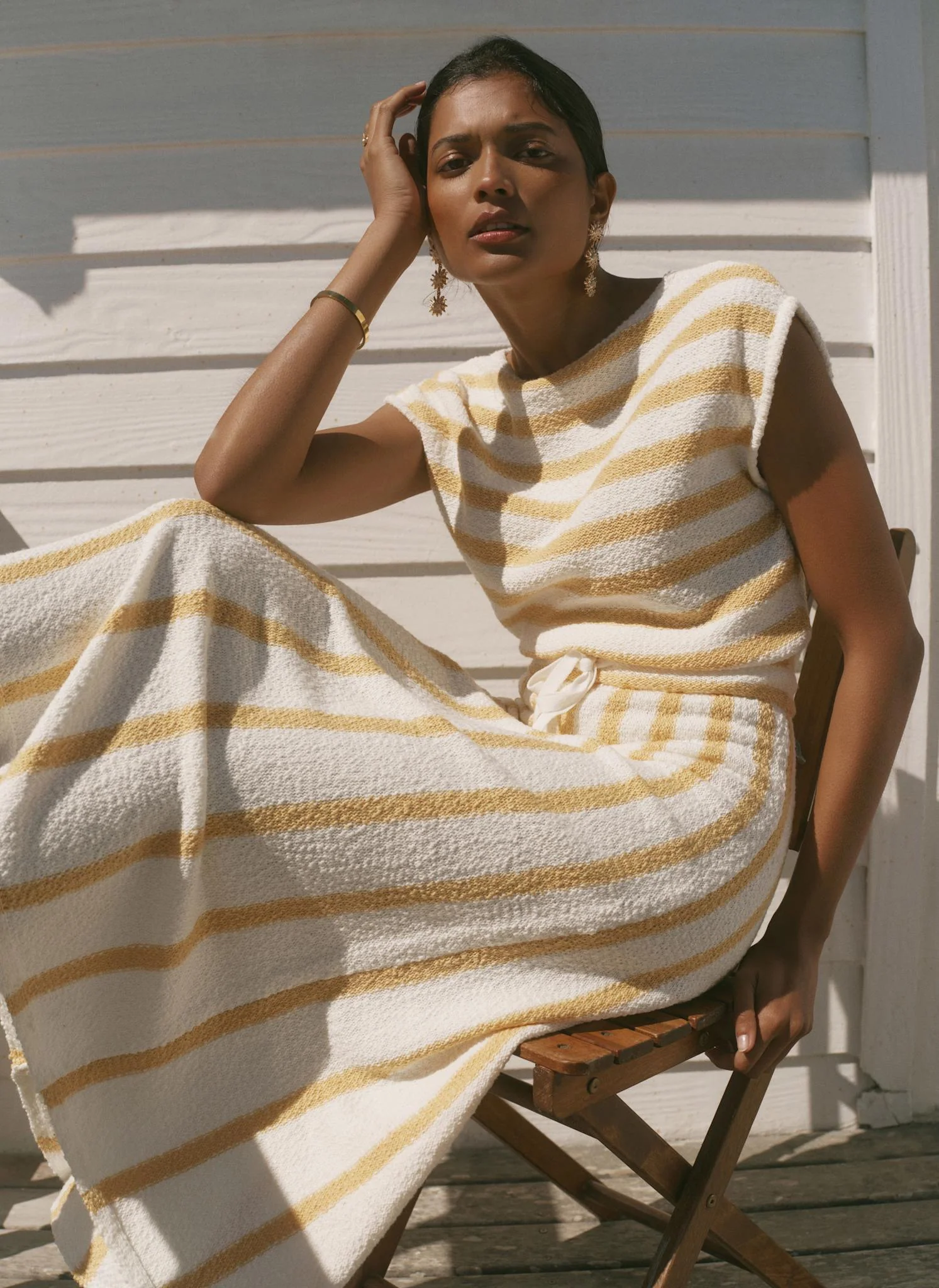 Yellow Cotton Blend Striped Midi Dress
