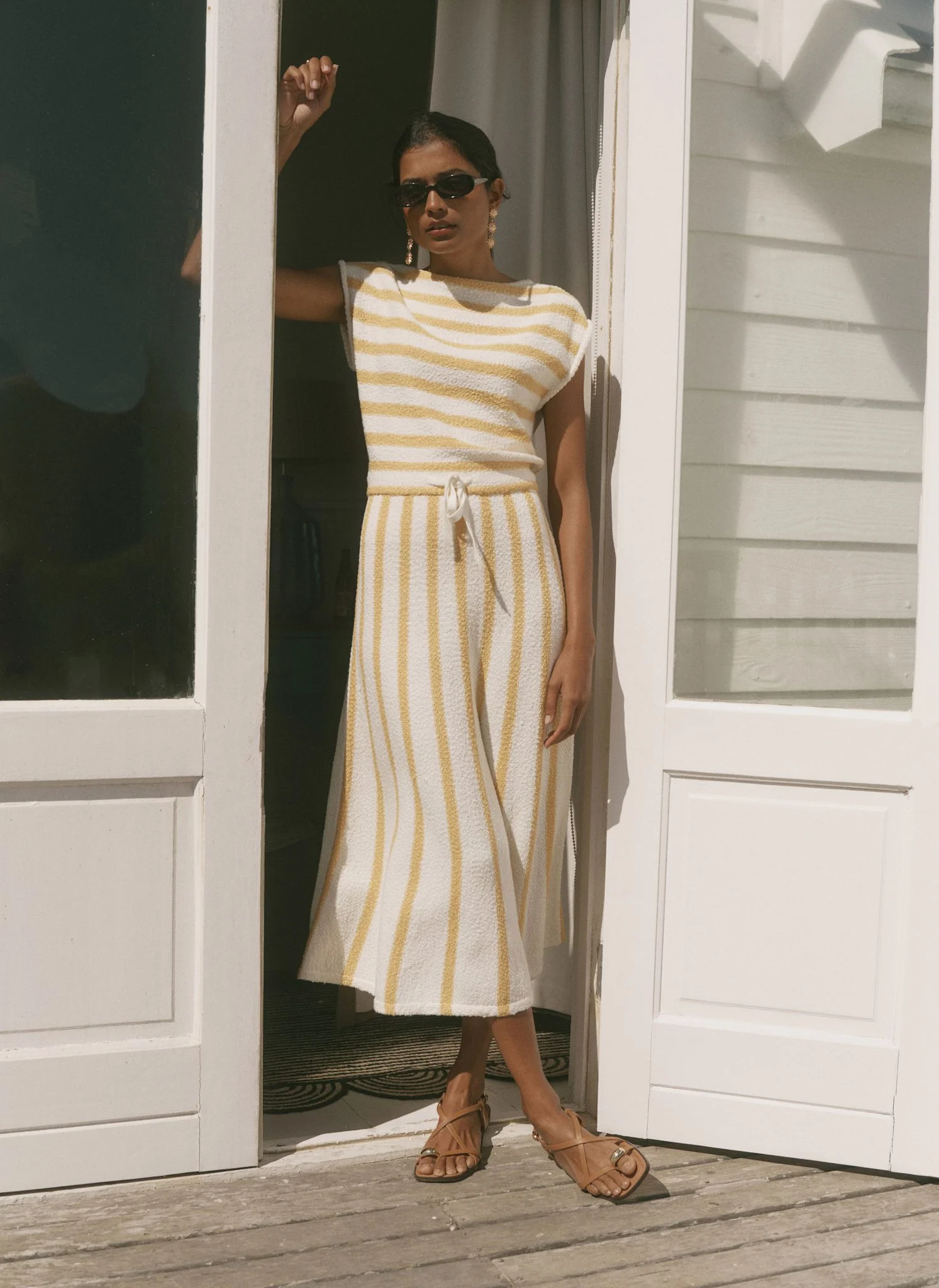 Yellow Cotton Blend Striped Midi Dress