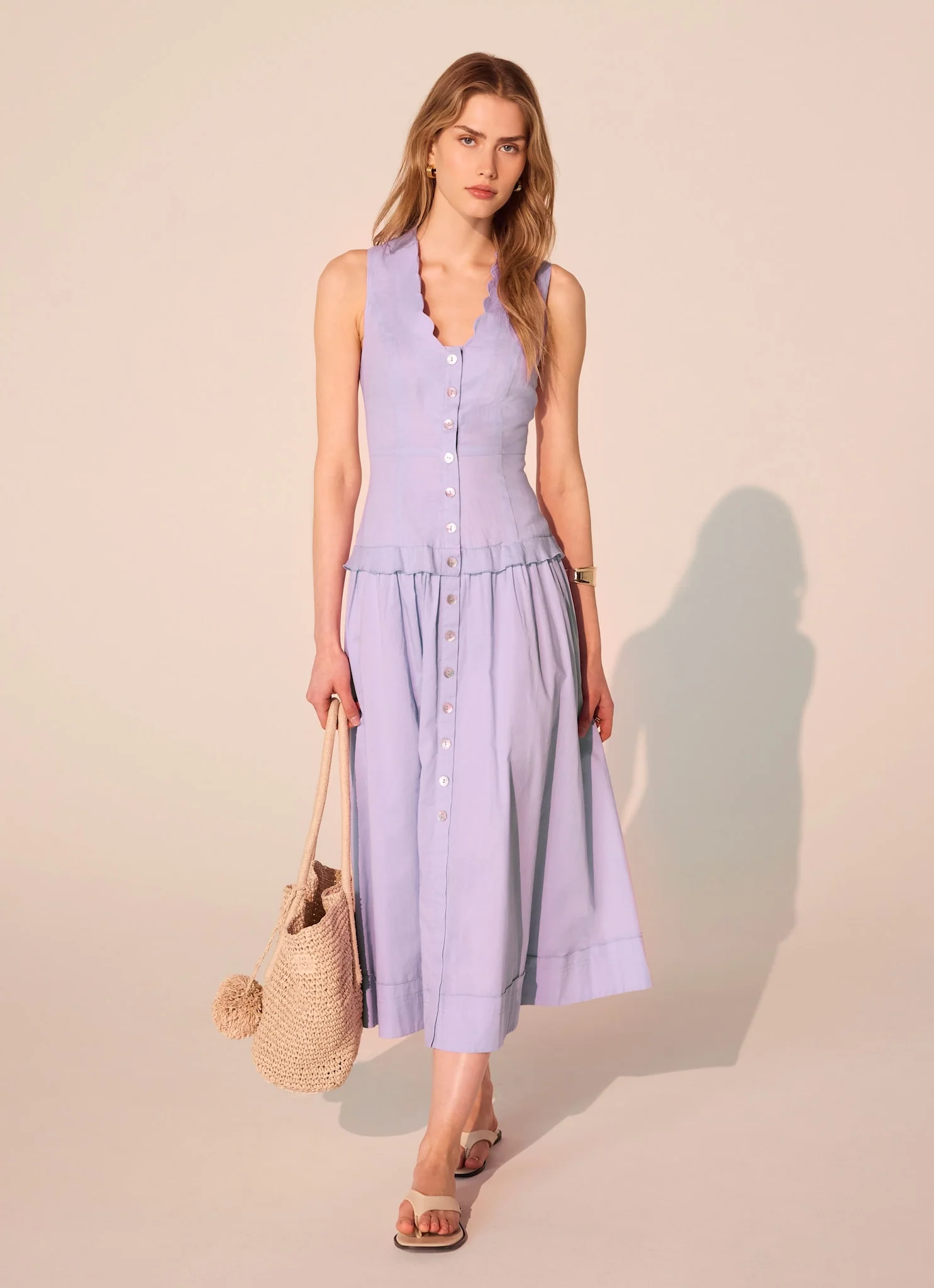 Lilac Ramie Drop Waist Midi Dress