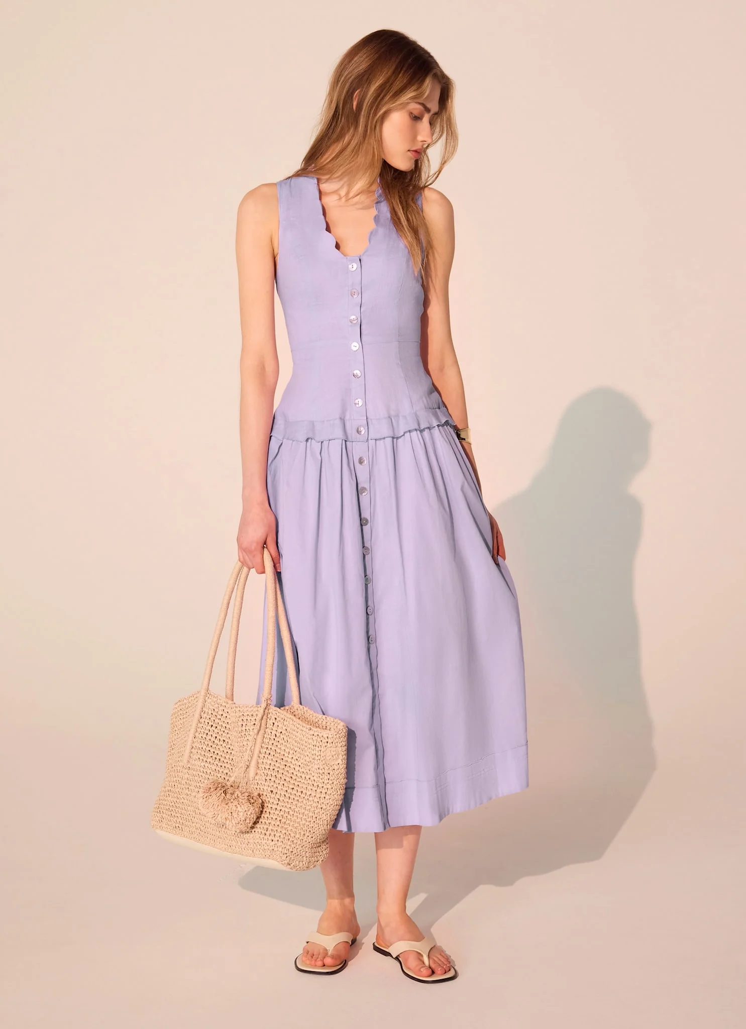Lilac Ramie Drop Waist Midi Dress