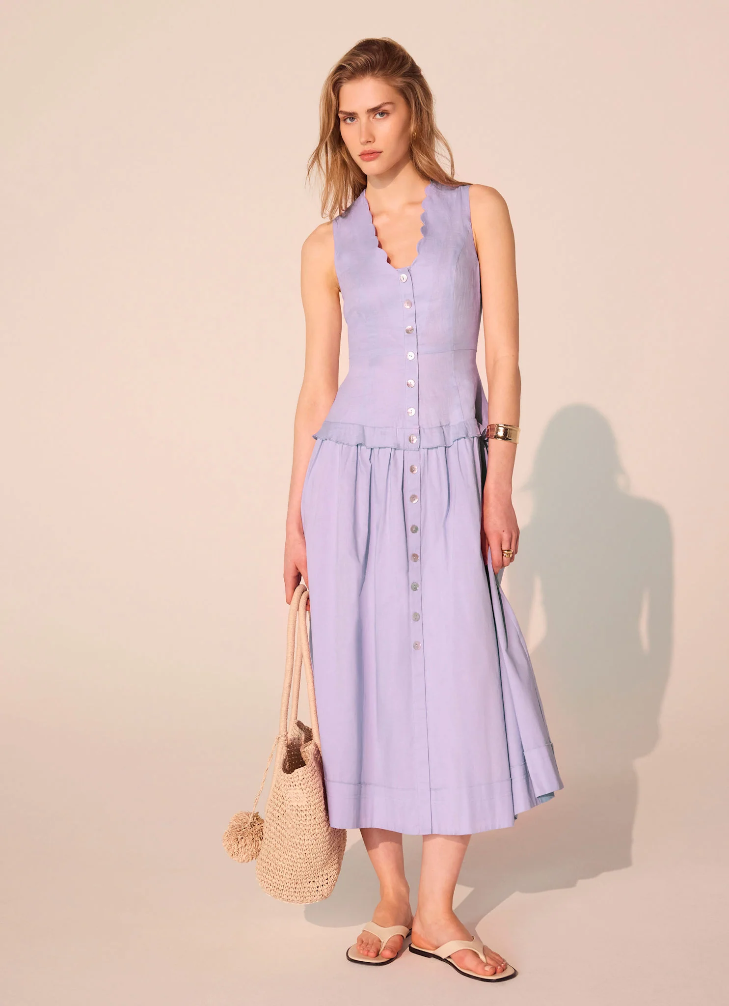 Lilac Ramie Drop Waist Midi Dress