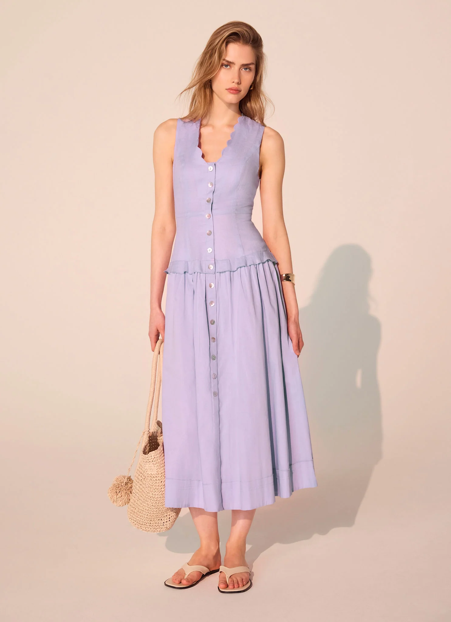 Lilac Ramie Drop Waist Midi Dress
