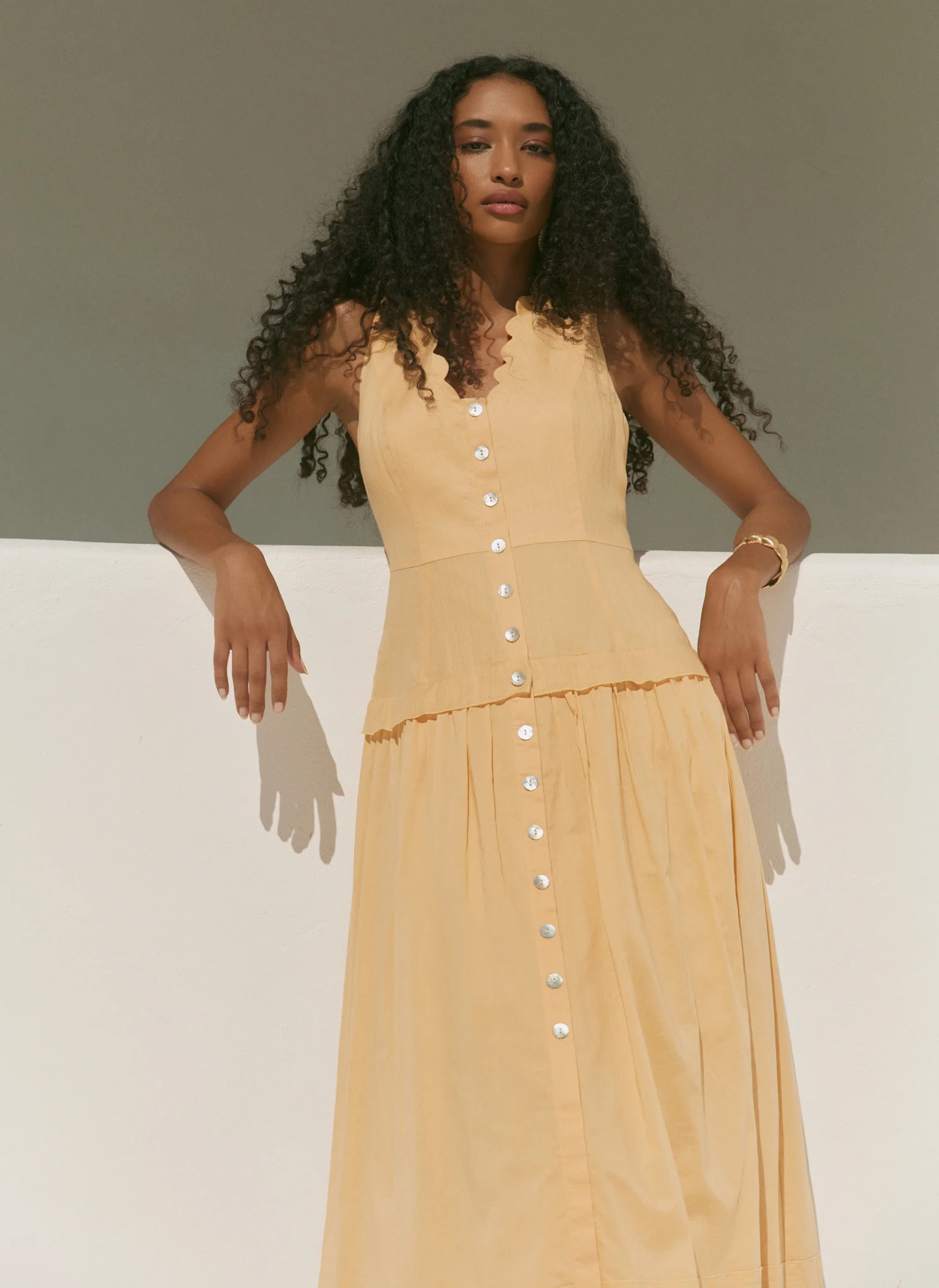 Yellow Ramie Drop Waist Midi Dress