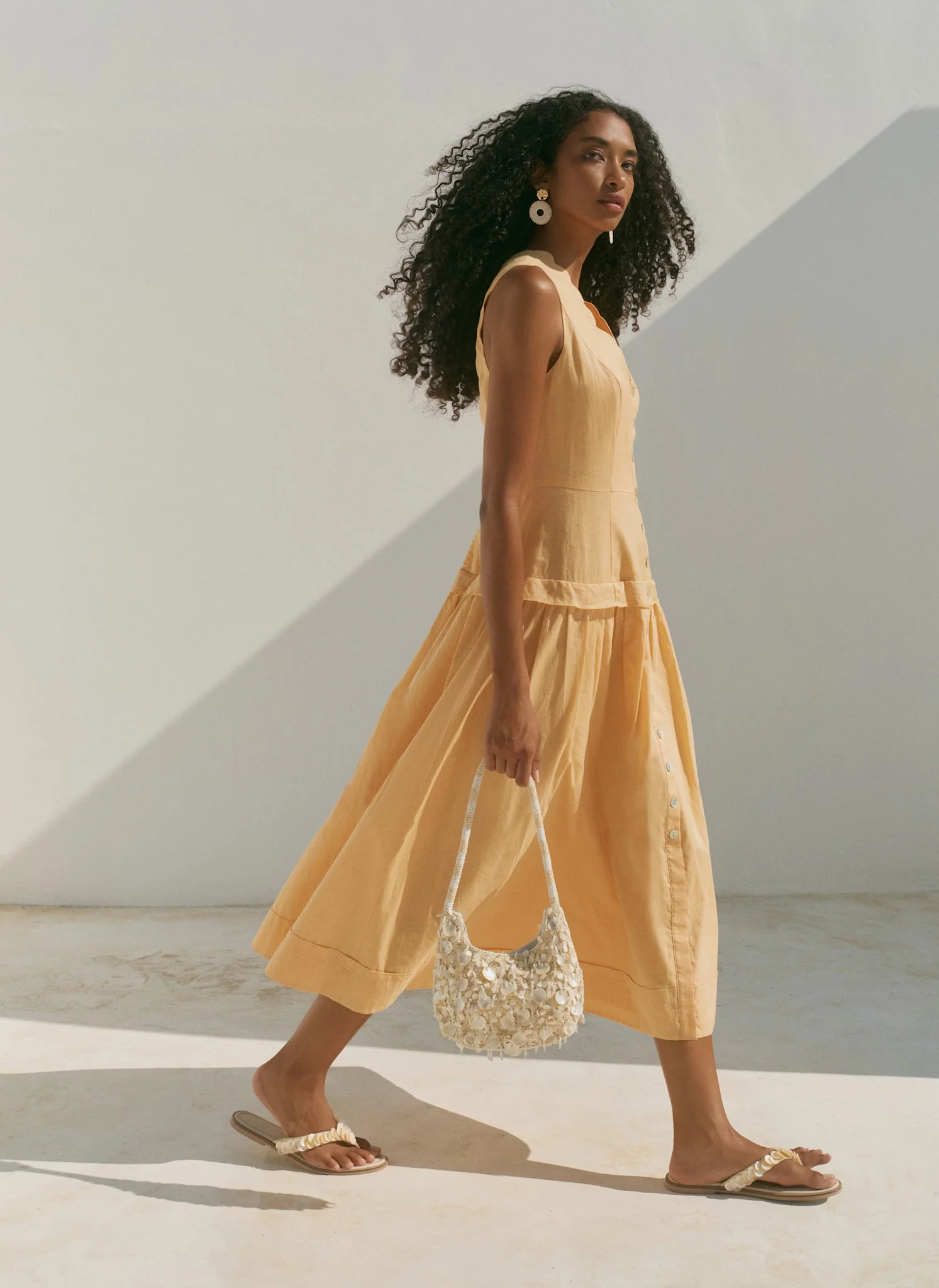 Yellow Ramie Drop Waist Midi Dress