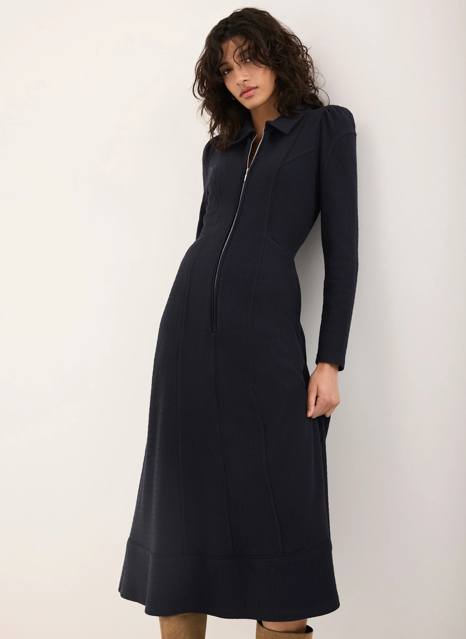 Navy Textured Zip Detail Midi Dress
