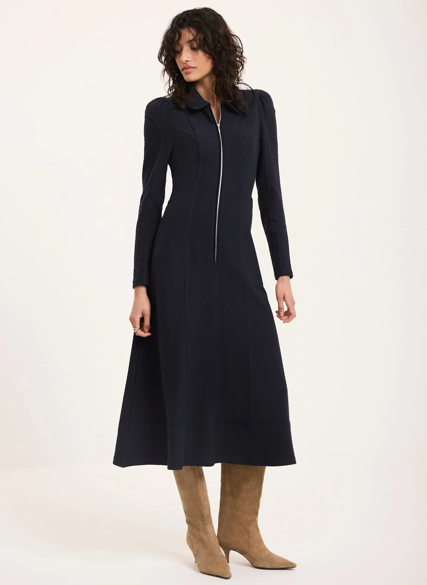 Navy Textured Zip Detail Midi Dress