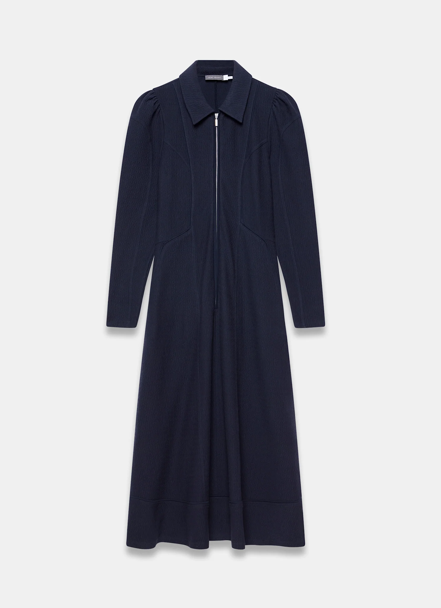 Navy Textured Zip Detail Midi Dress