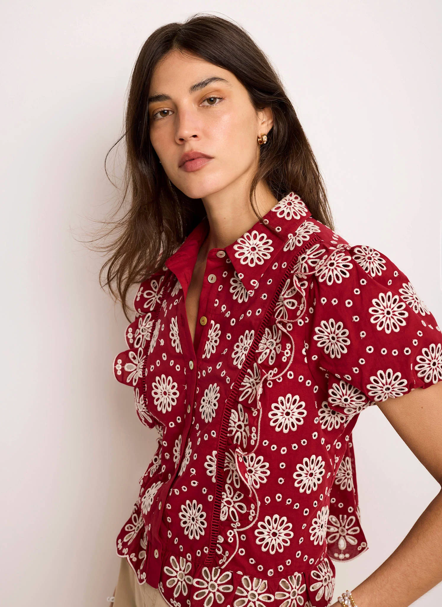 Red Cotton Broderie Shirt