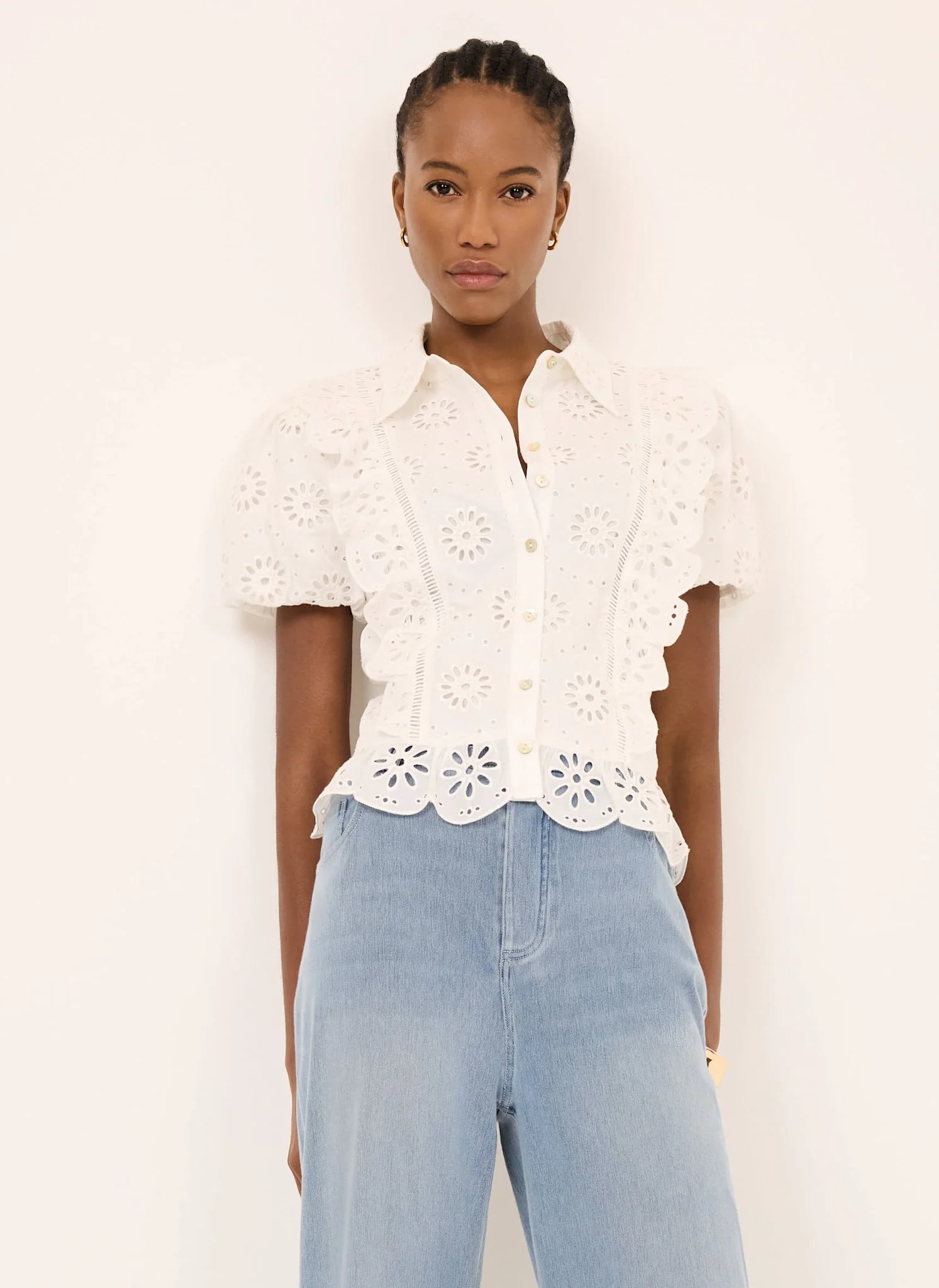 White Cotton Broderie Detail Shirt